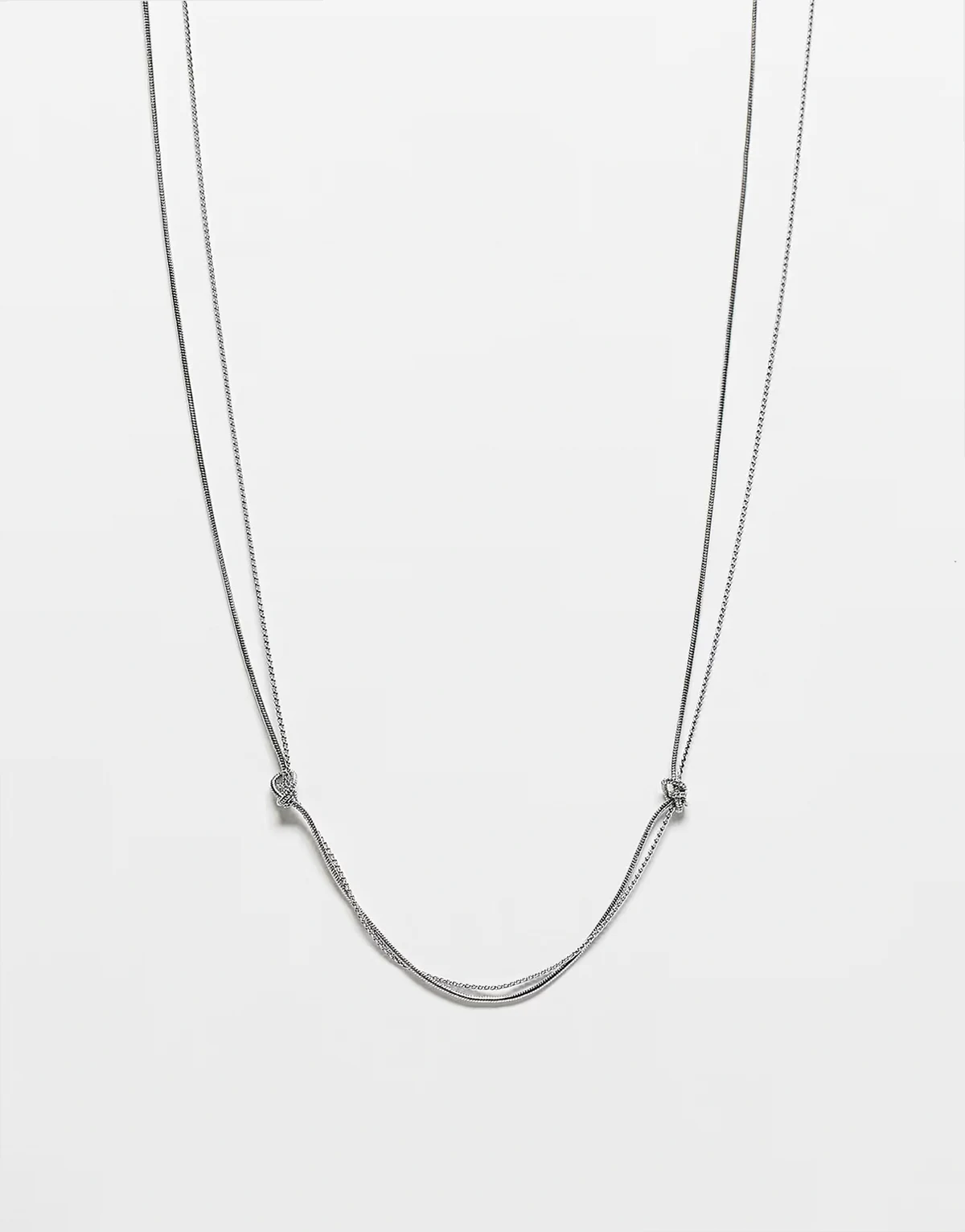 Unisex double layer knotted necklace in silver tone