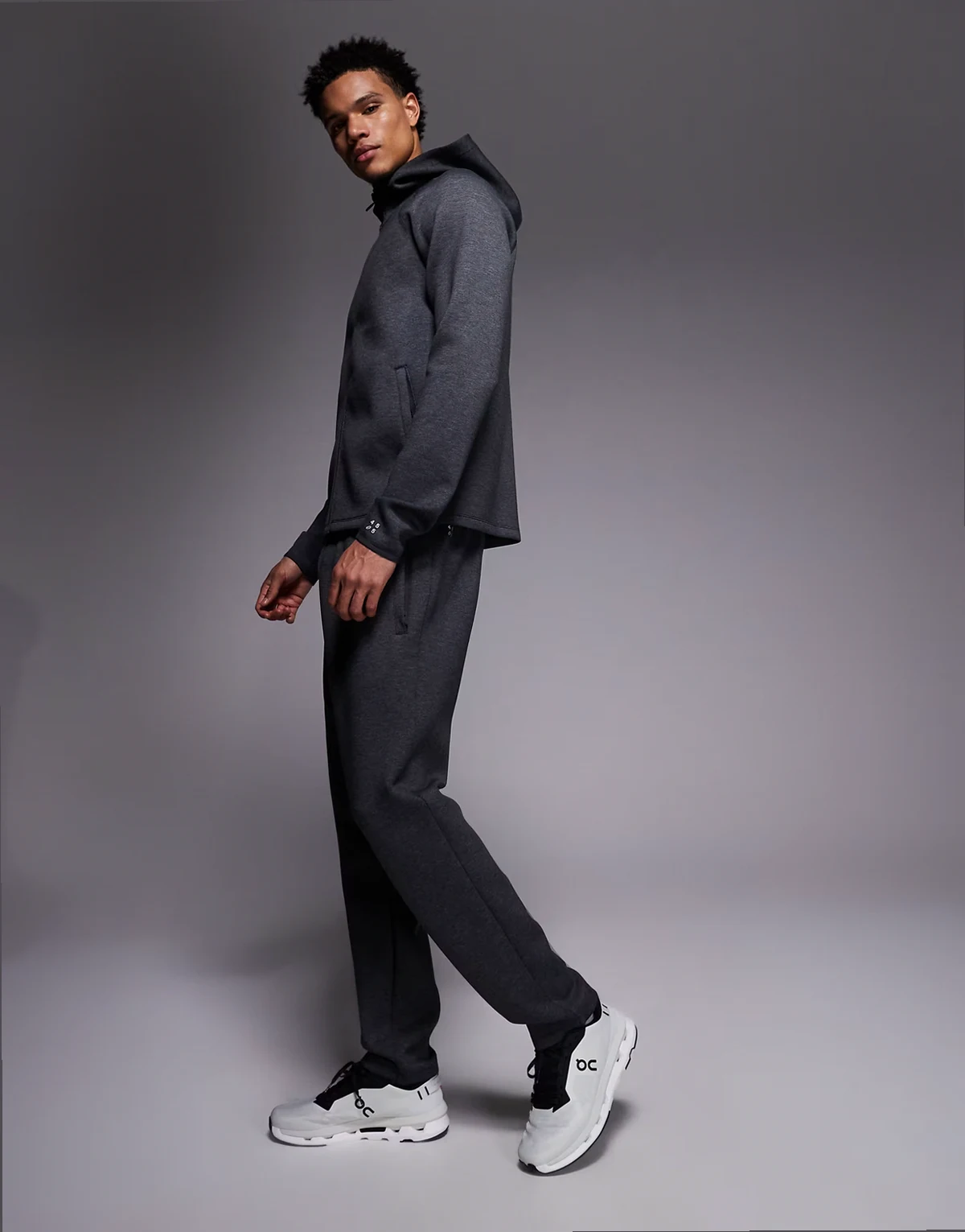 scuba-style fabric tapered sweatpants with zip pockets in charcoal heather