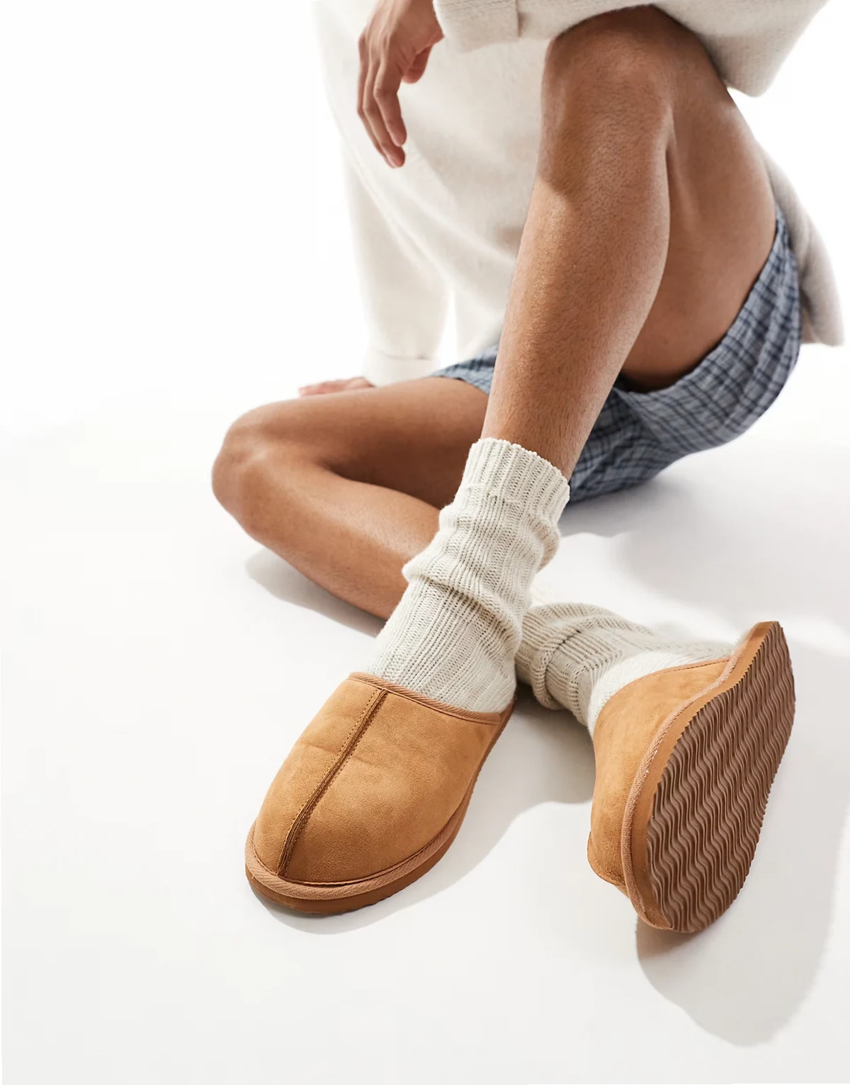 faux suede slip-on slippers in tan