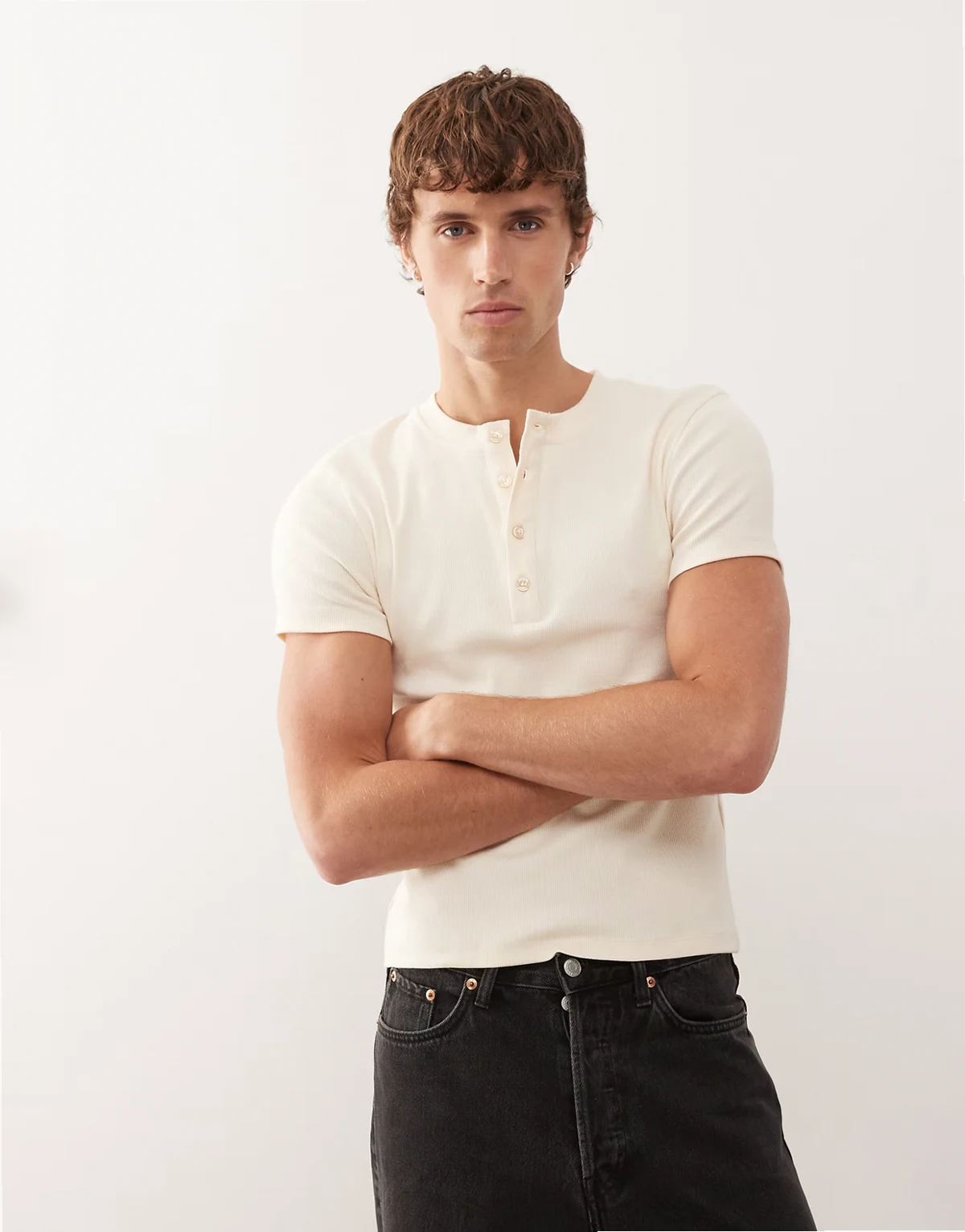 Ribbed muscle short sleeve henley T-shirt top in stone