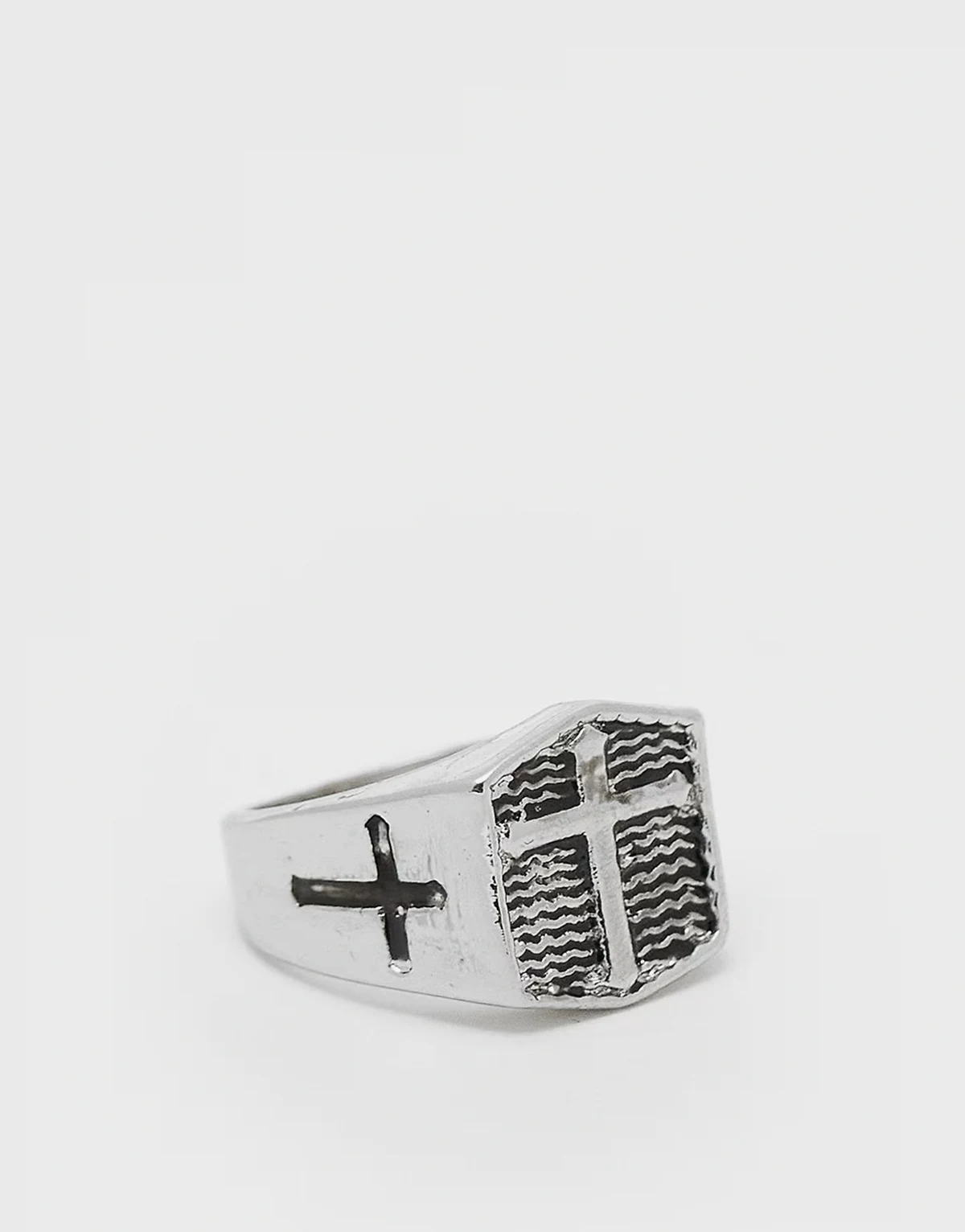 cross detail signet ring in burnished silver