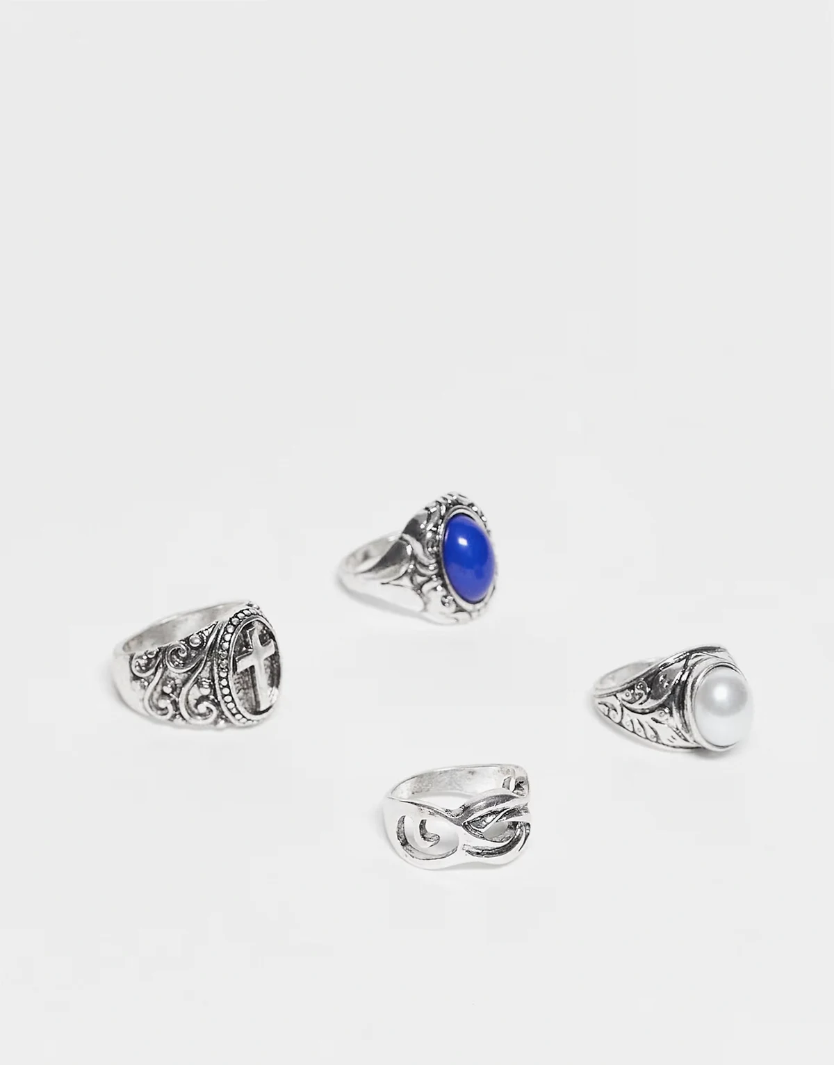 – Unisex – 4er-Pack Ringe im Grunge-Stil in brünierter Silber-Optik und mit blauem Schmuckstein