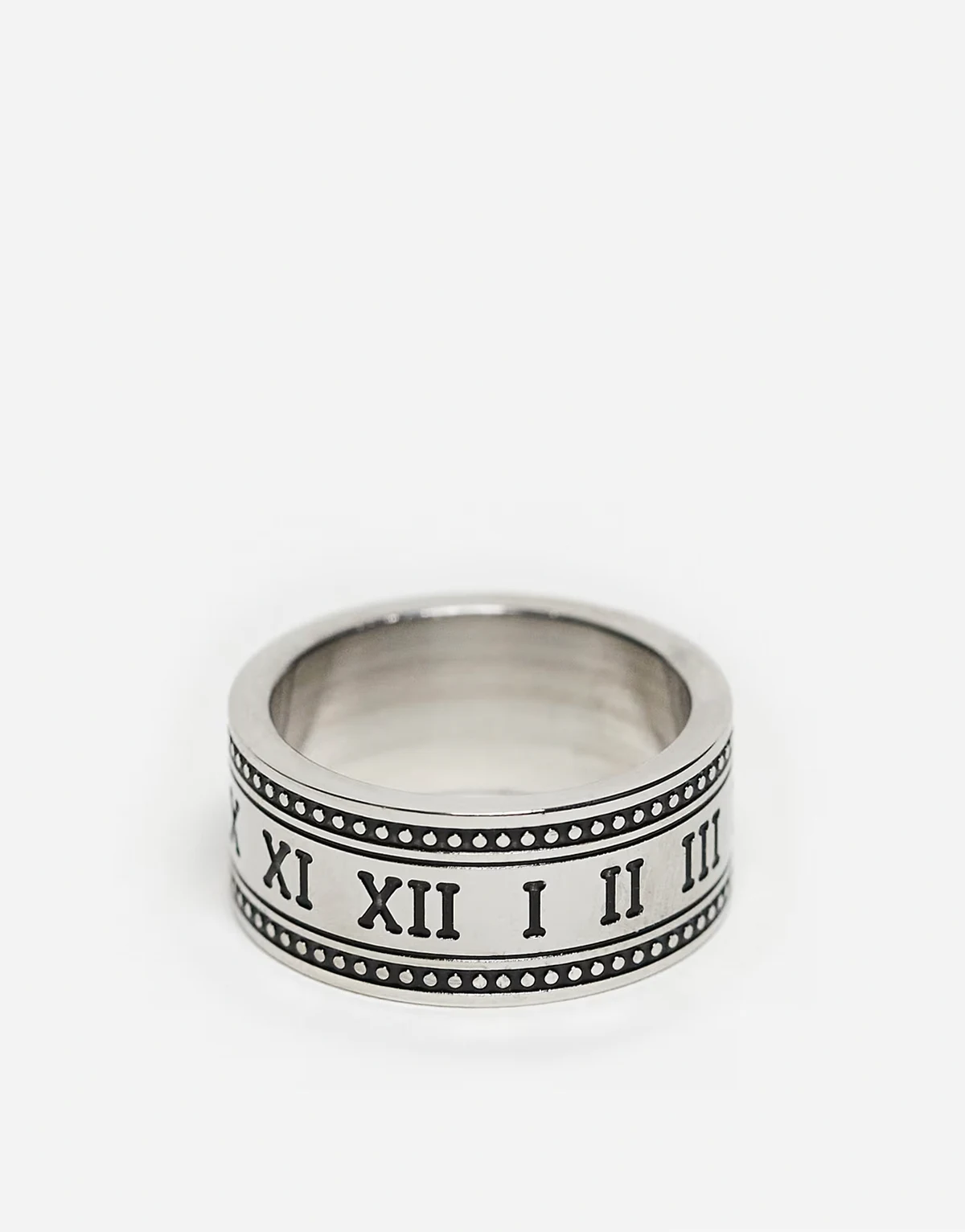– Silberfarbener, schlichter Bandring aus wasserfestem Edelstahl mit eingravierten römischen Ziffern