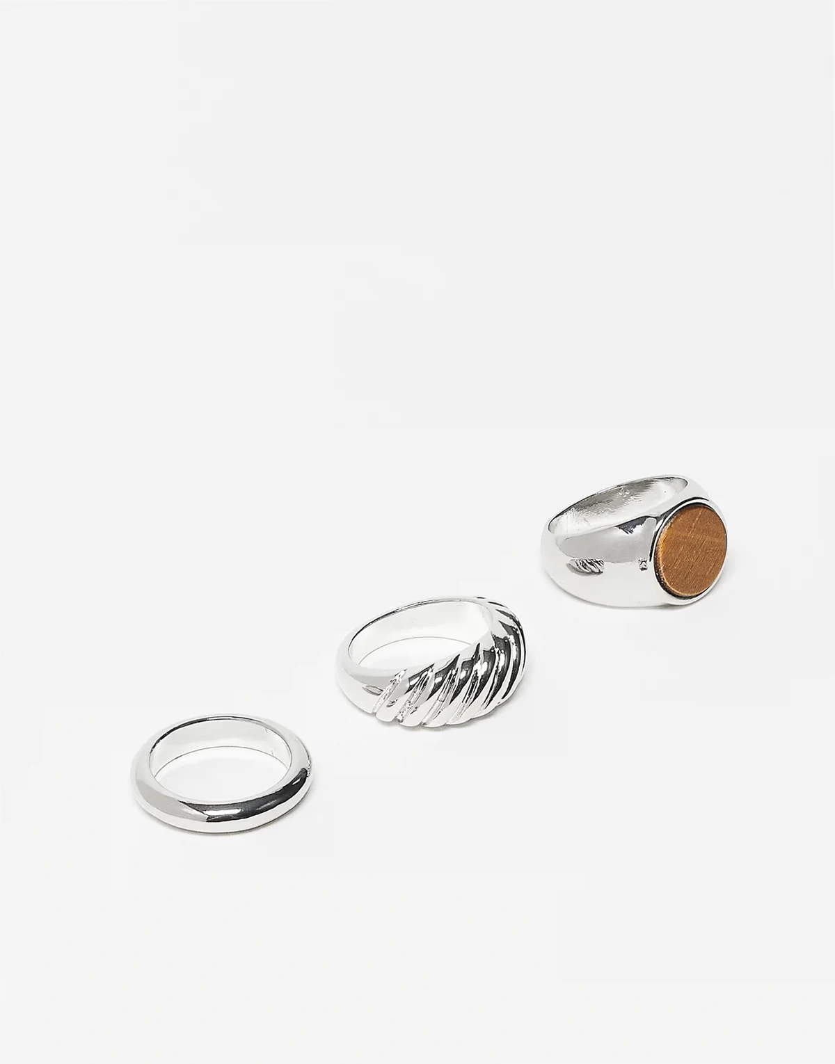 – 3er-Pack silberfarbene Unisex-Ringe mit Tigerauge-Halbedelstein