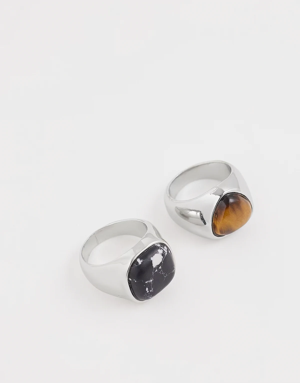 – 2er-Pack silberfarbene Siegelringe mit Tigerauge und schwarzem Stein