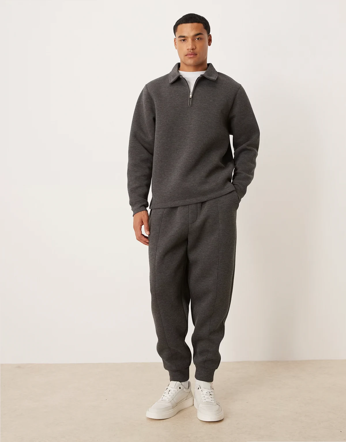 heavyweight tapered sweatpants with pintucks in scuba-style fabric in charcoal heather - part of a set