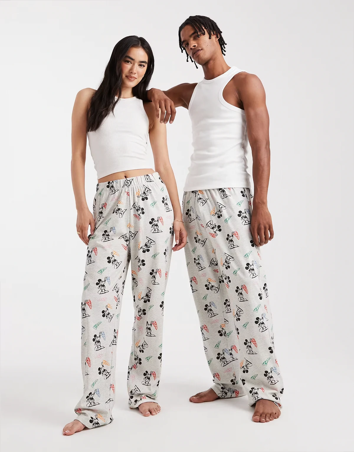 lounge bottoms with Disney's Mickey Mouse pizza graphic in gray