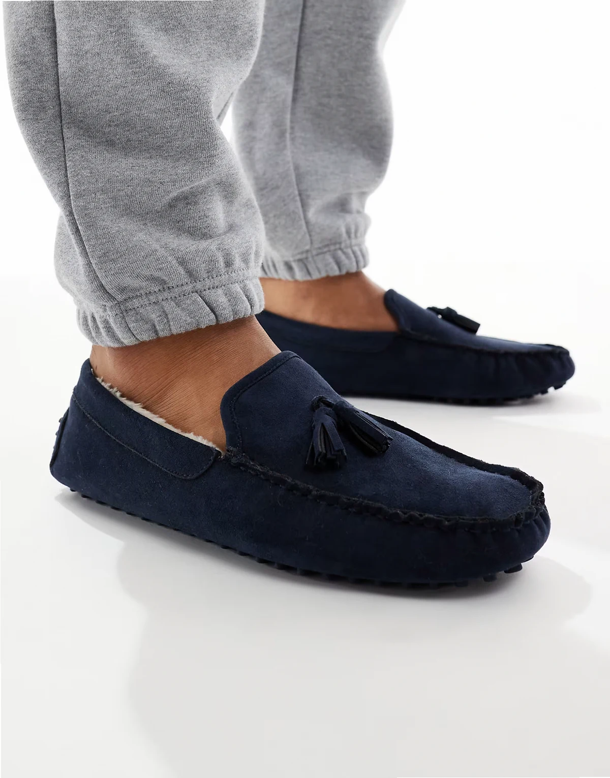 faux fur lined ruched moccasins in navy