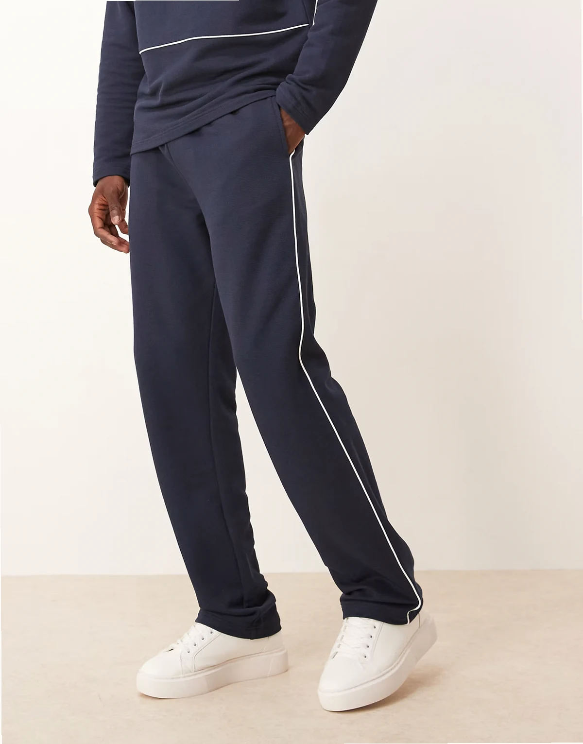 straight leg pique sweatpants with side piping in navy