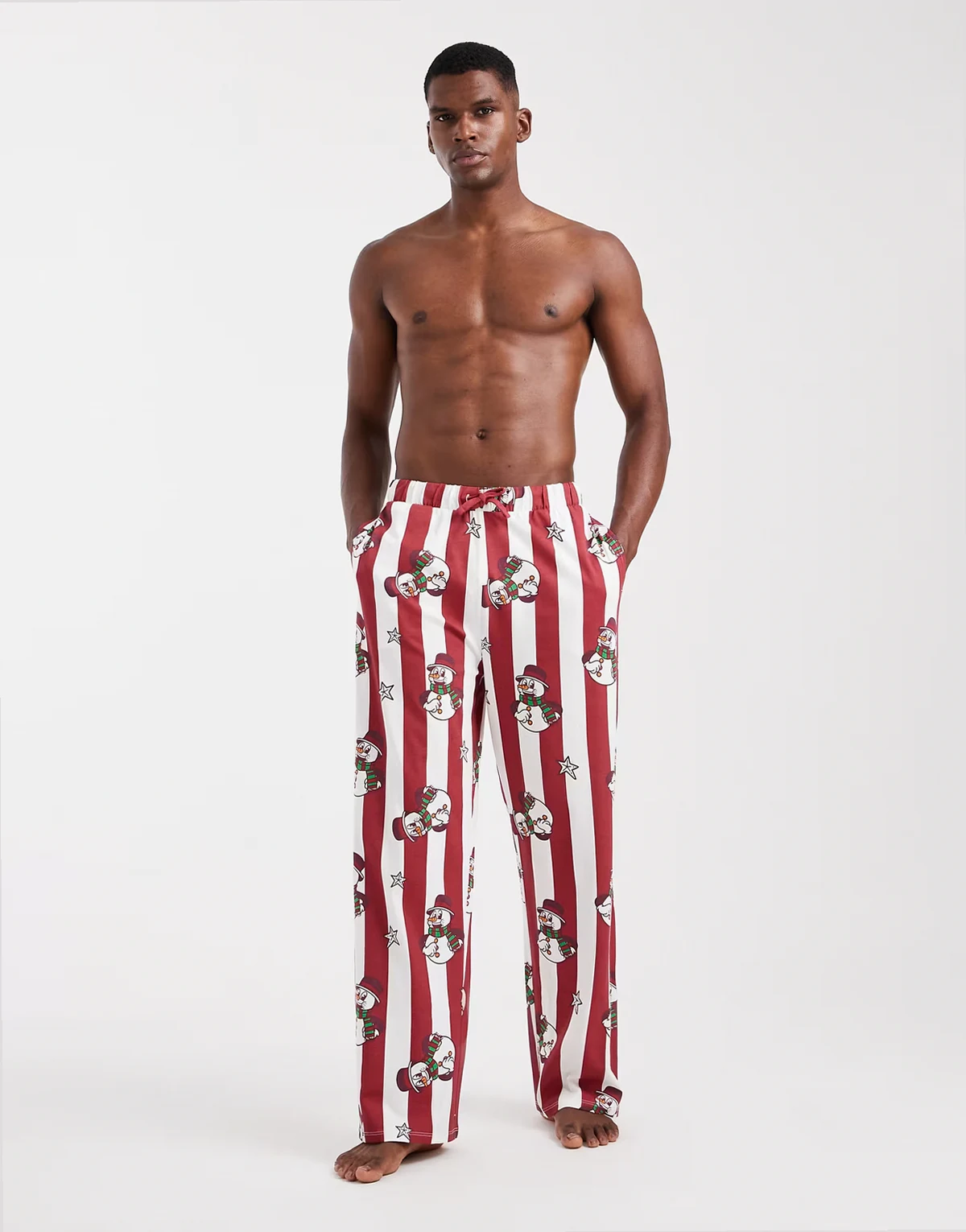 lounge bottoms Christmas stripe snowman graphic in red