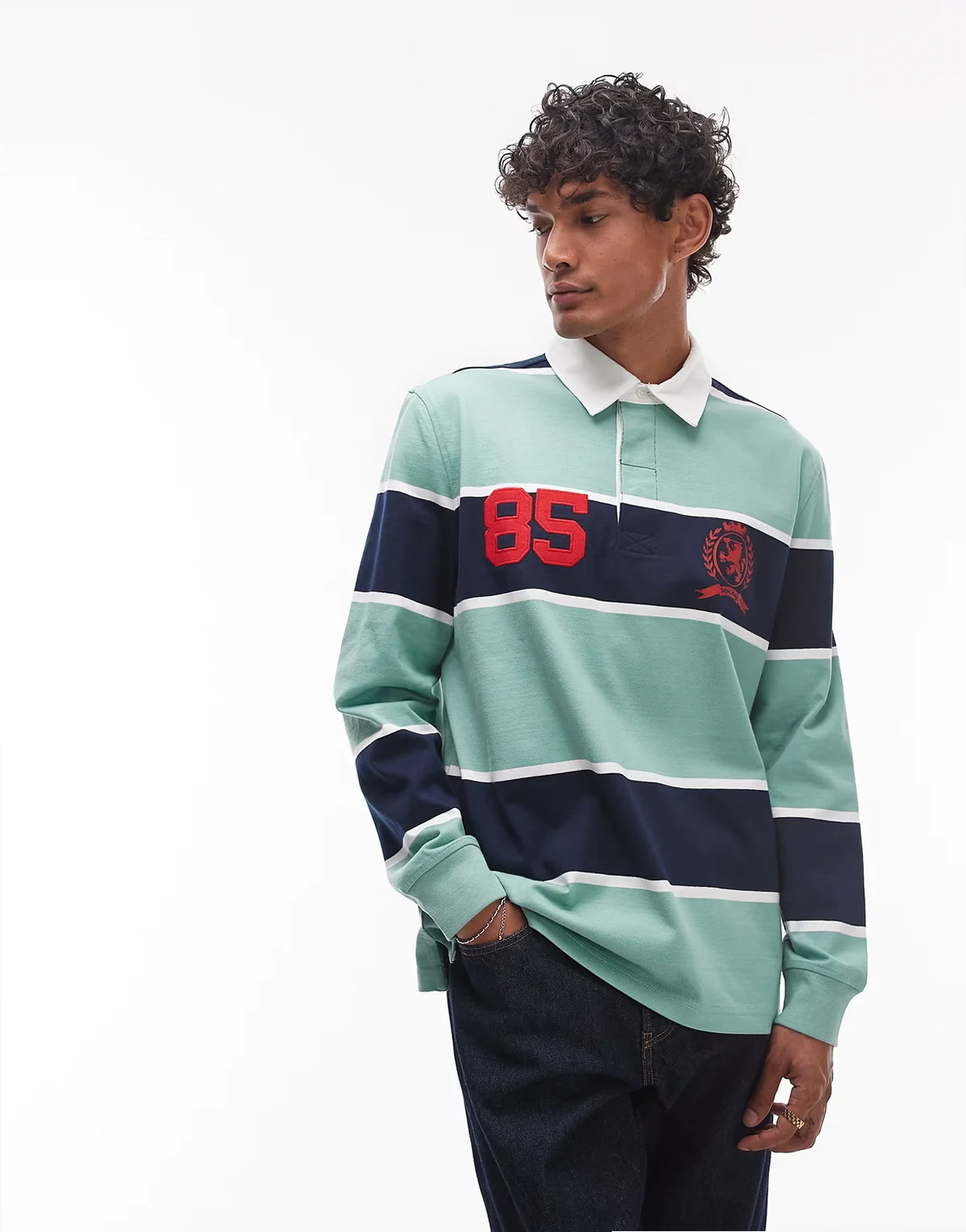 sporty rugby top in navy and mint stripe