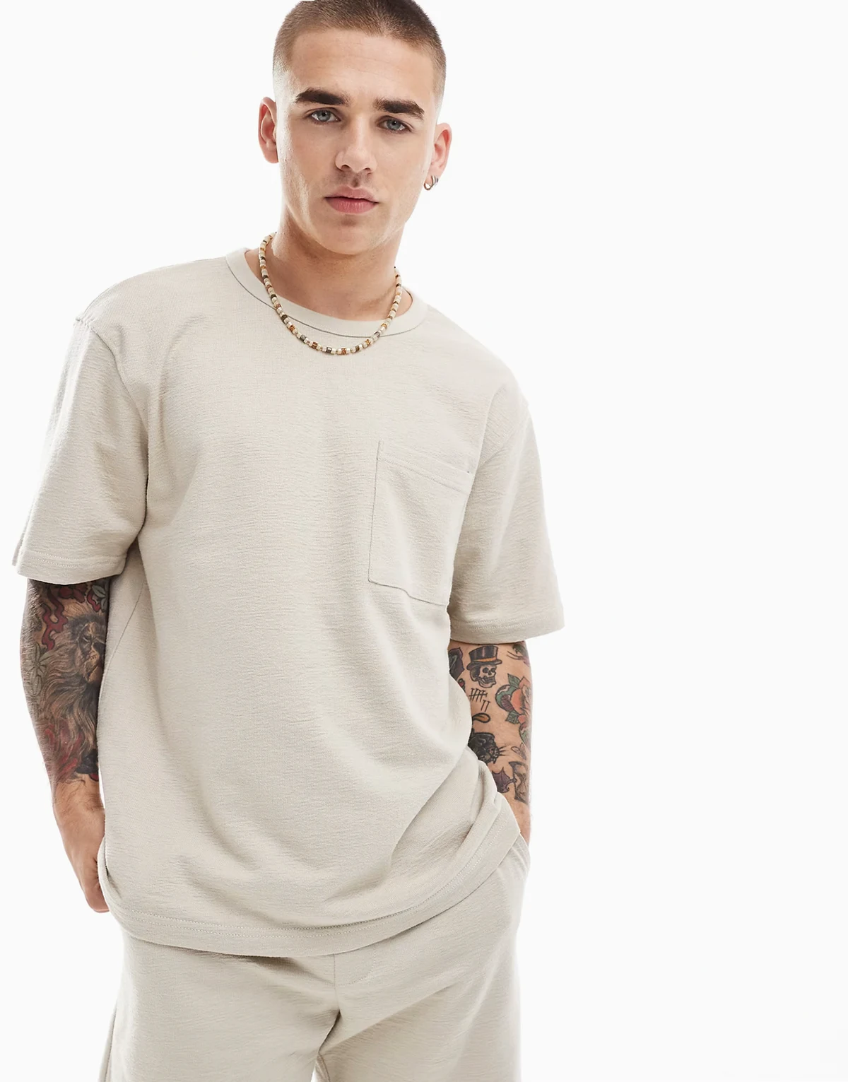 relaxed fit textured t-shirt in beige - part of a set