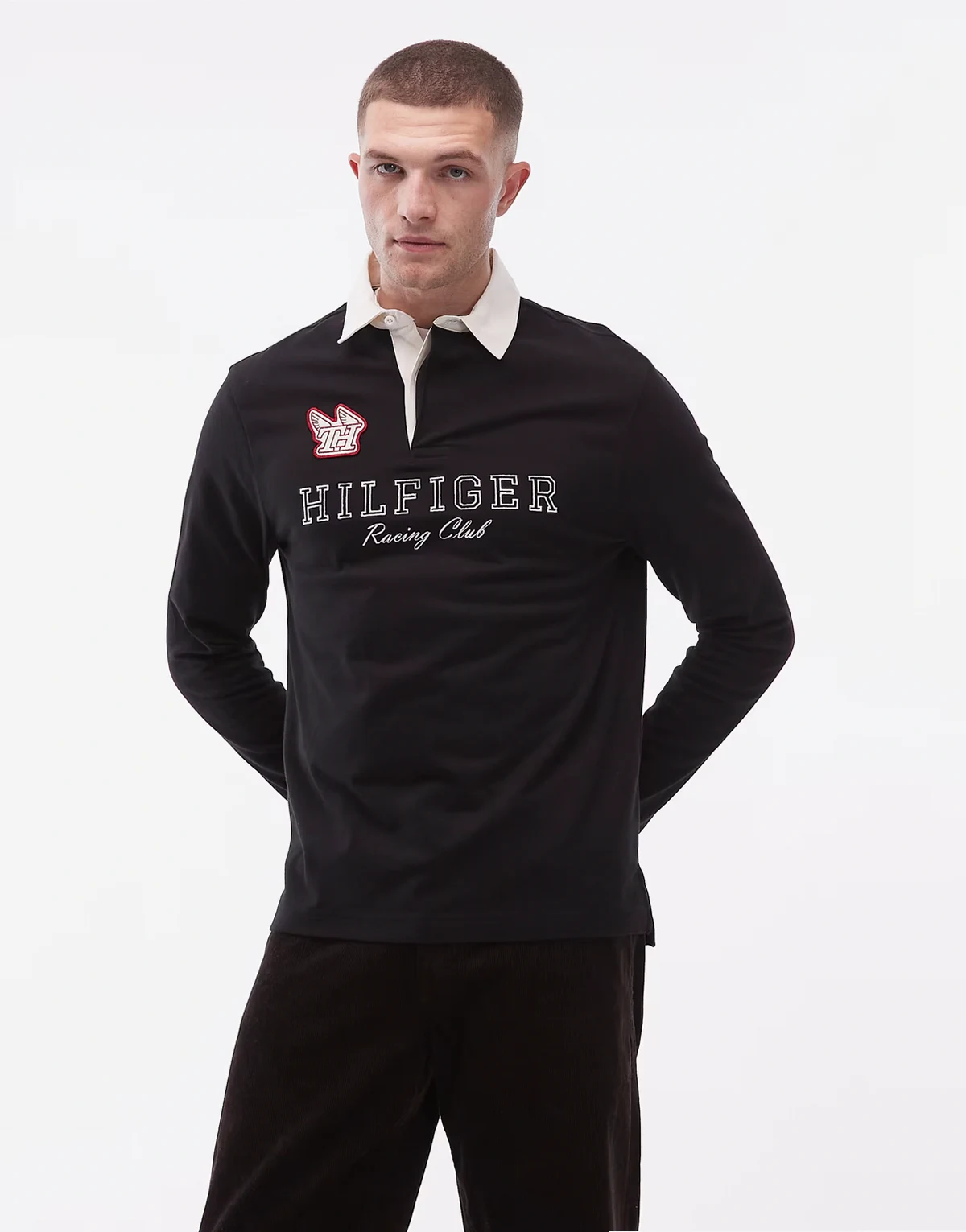 center racing logo athleisure long sleeve rugby polo shirt in black