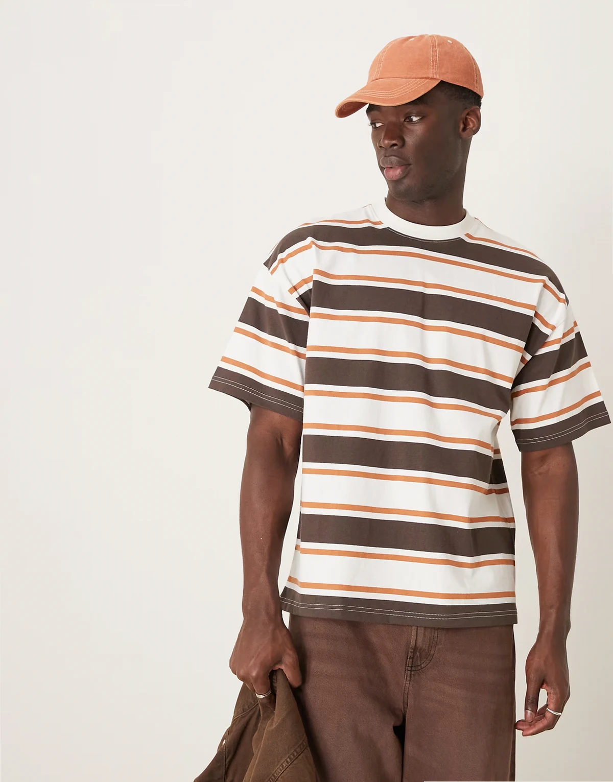 oversized heavy weight T-shirt in cream tan brown stripe