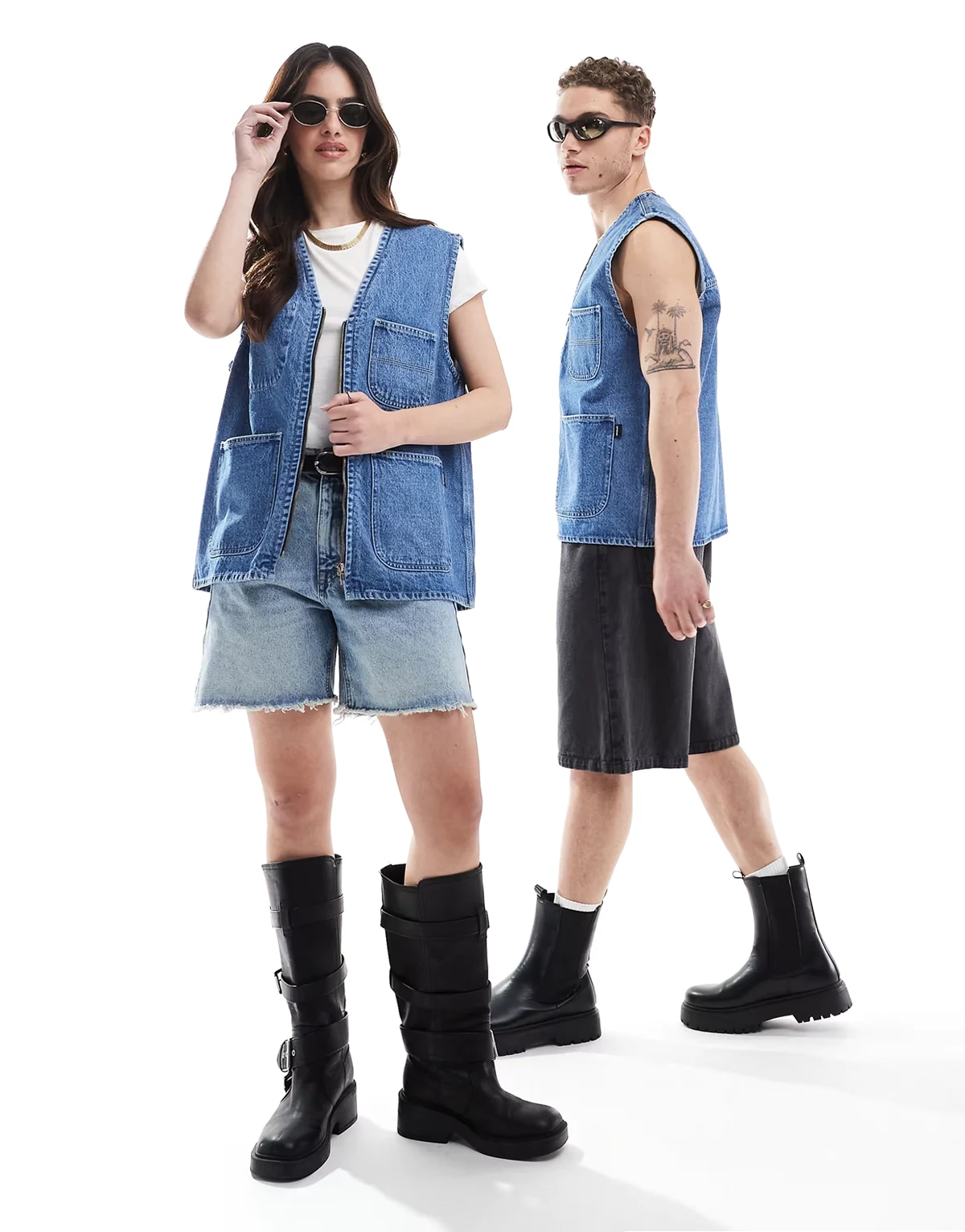 Unisex – Denver Worker – Zapinany na suwak niebieski podkoszulek w stylu roboczym z efektem sprania