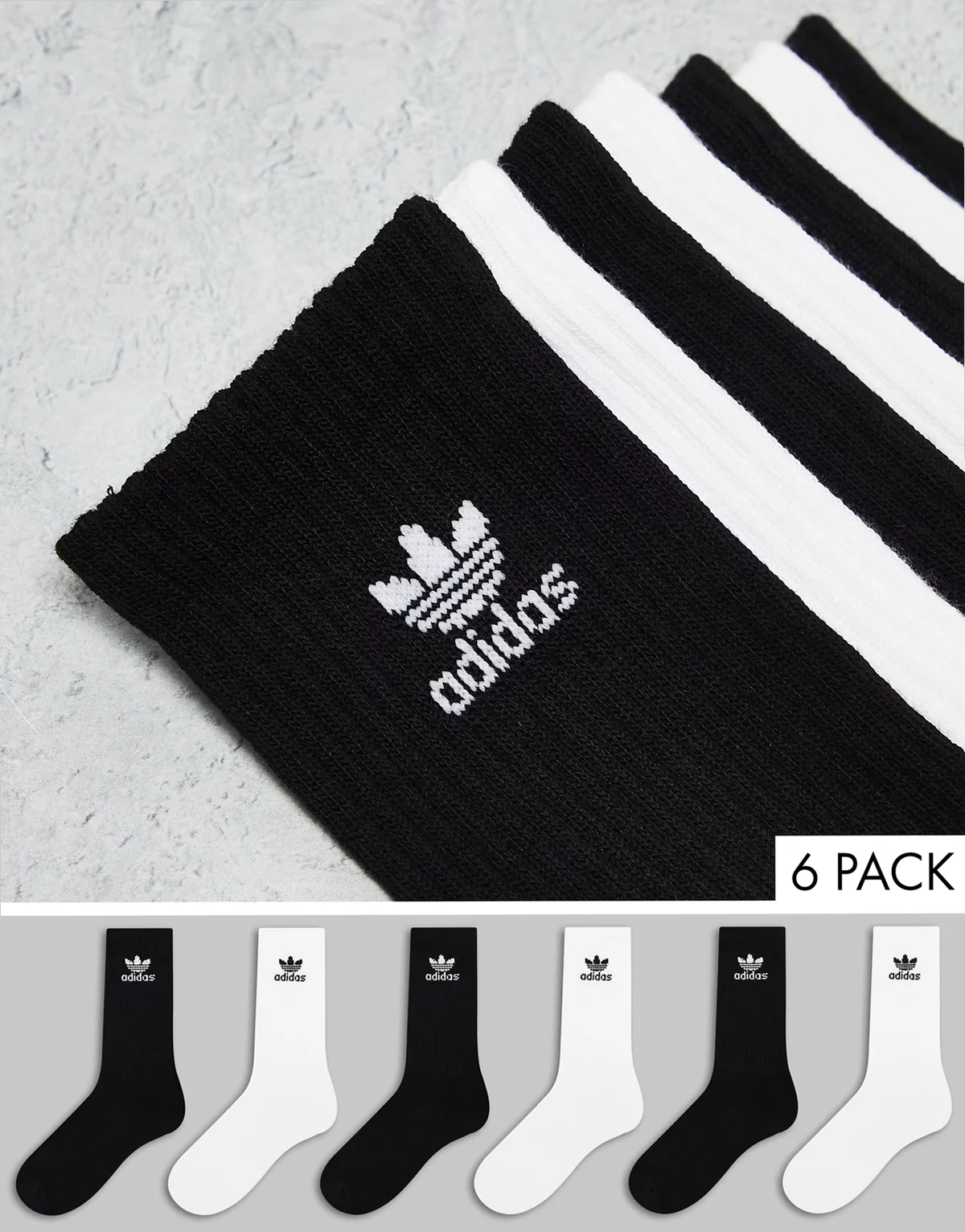 Trefoil 6 pack socks in white and black