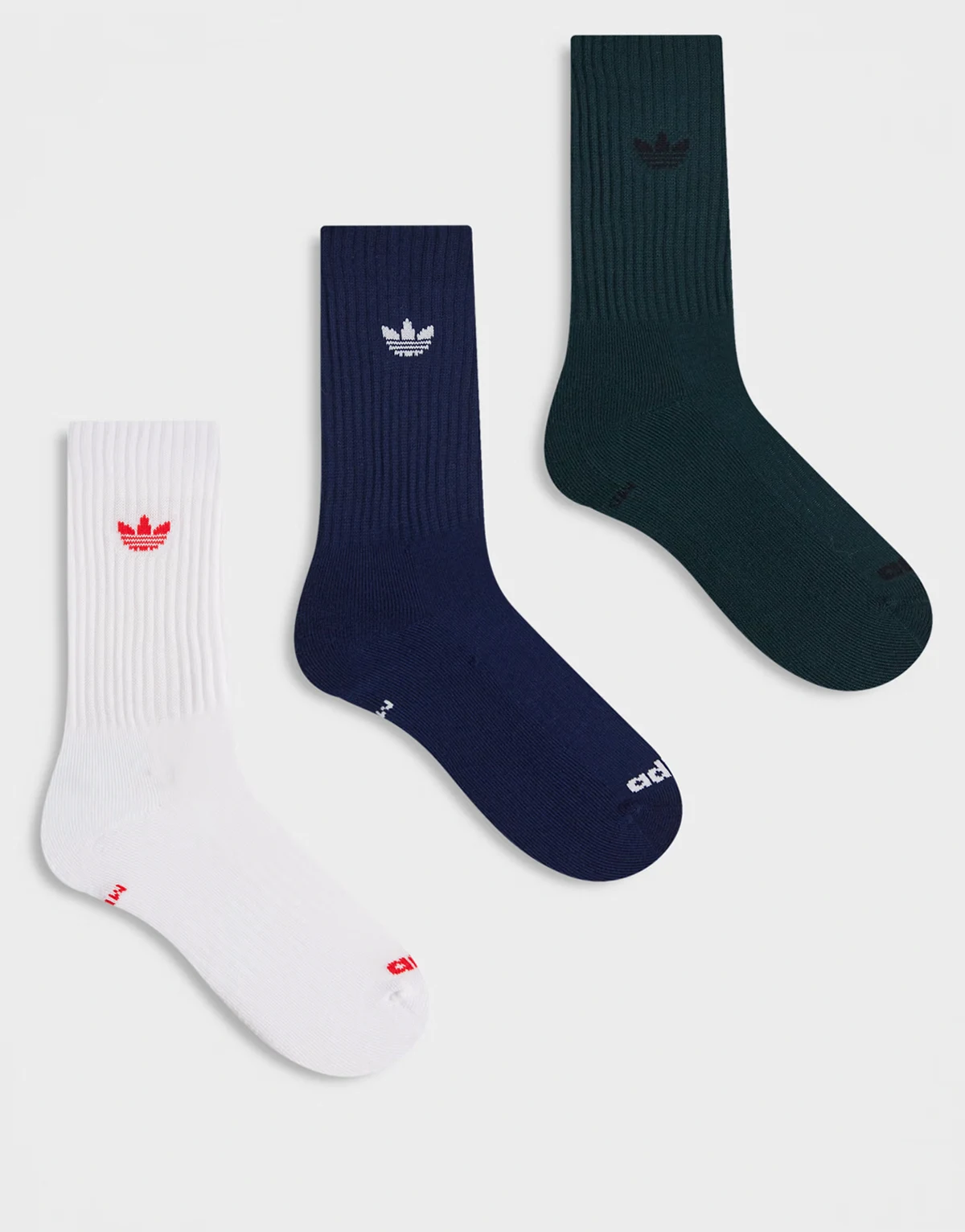 Trefoil 2.0 3 pack crew socks in dark green, red and navy