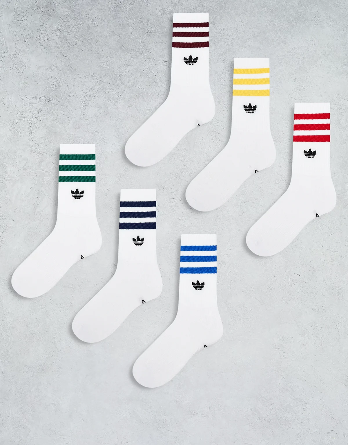 Trefoil 6-pack crew socks in white with collegiate color pop