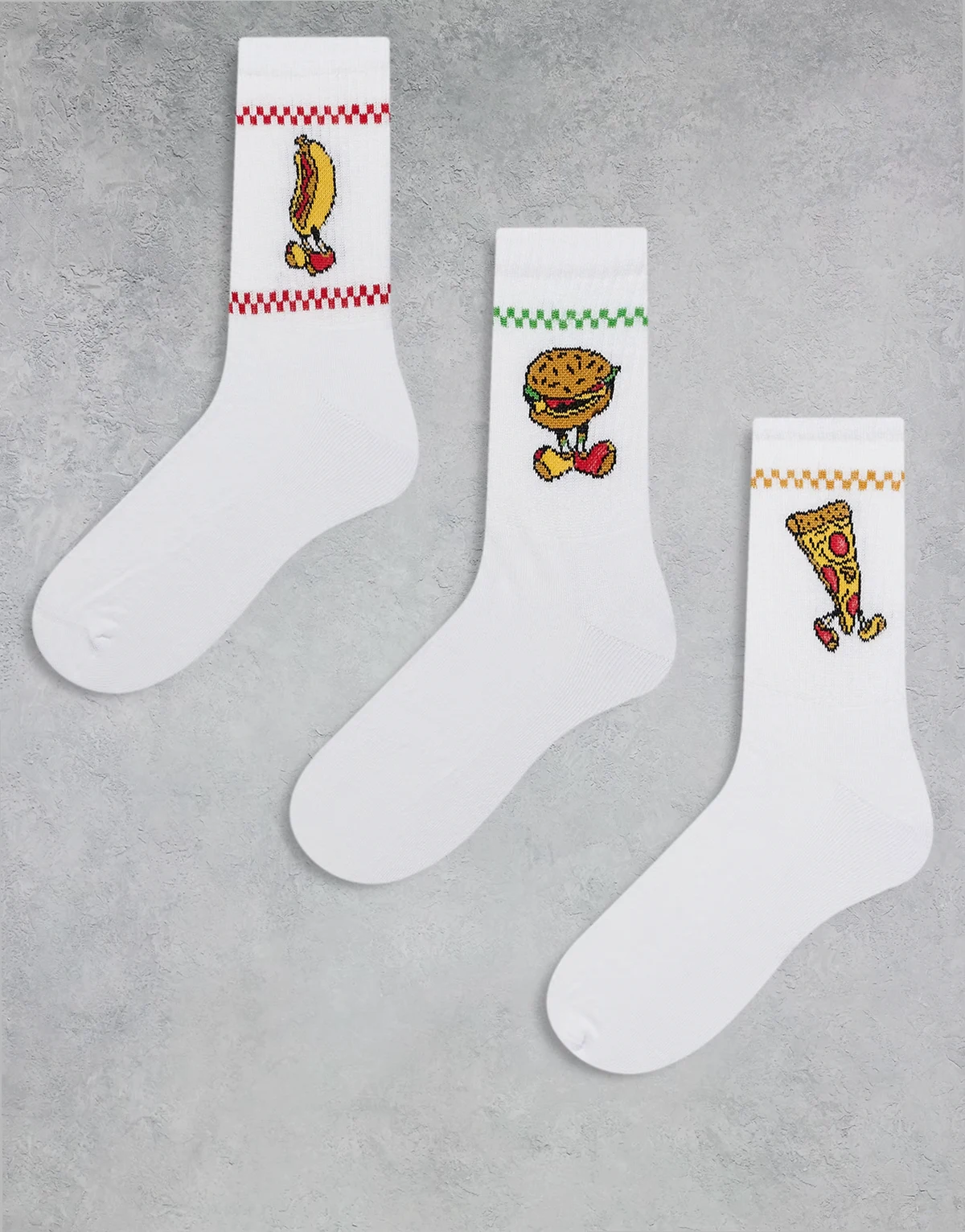 – 3er-Pack Socken in Weiß mit Fast-Food-Figuren und Stickerei