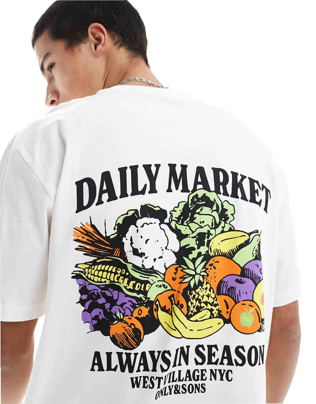 relaxed fit T-shirt with daily market textured back print in white