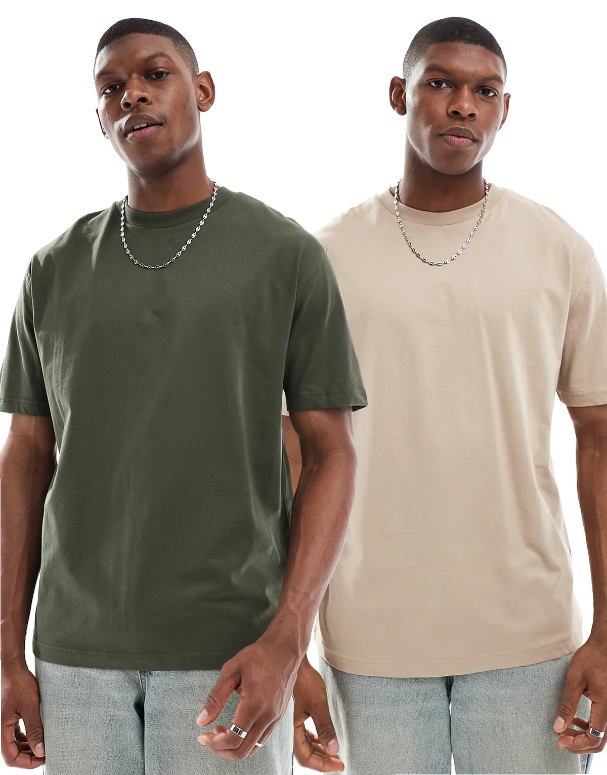 – Basic – Zestaw 2 luźnych T-shirtów w kolorach zielonym i szarobeżowym