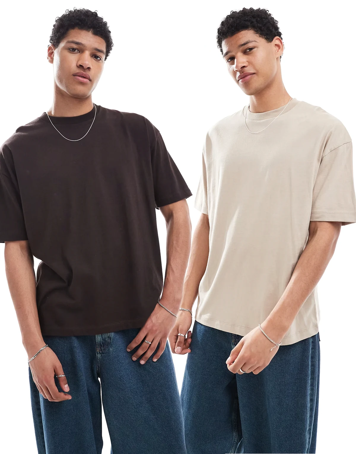 – Basic – Zestaw 2 T-shirtów oversize w kolorach brązowym i szarobeżowym