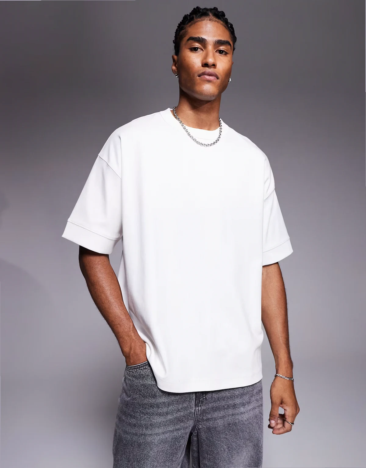 Premium – Biały T-shirt oversize ze szwami interlock