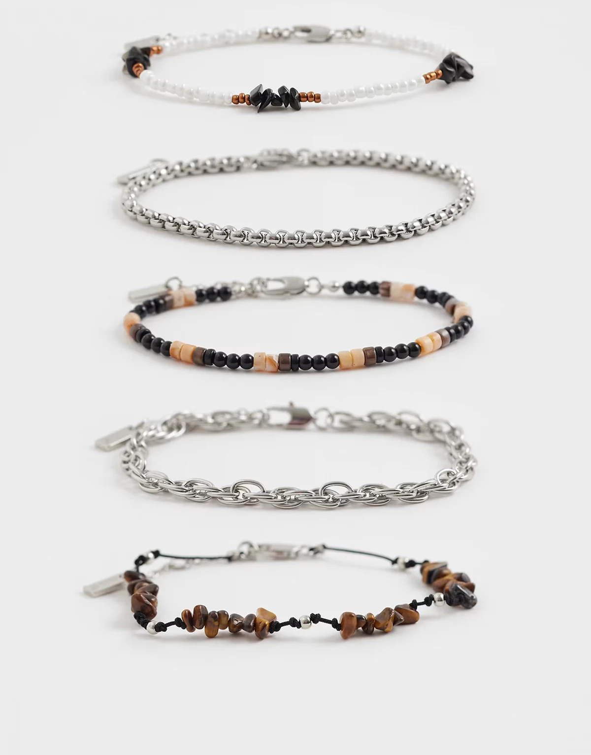 – Zestaw 5 bransoletek z kamieni półszlachetnych tygrysie oko, obsydianów i koralików w różnych kolorach