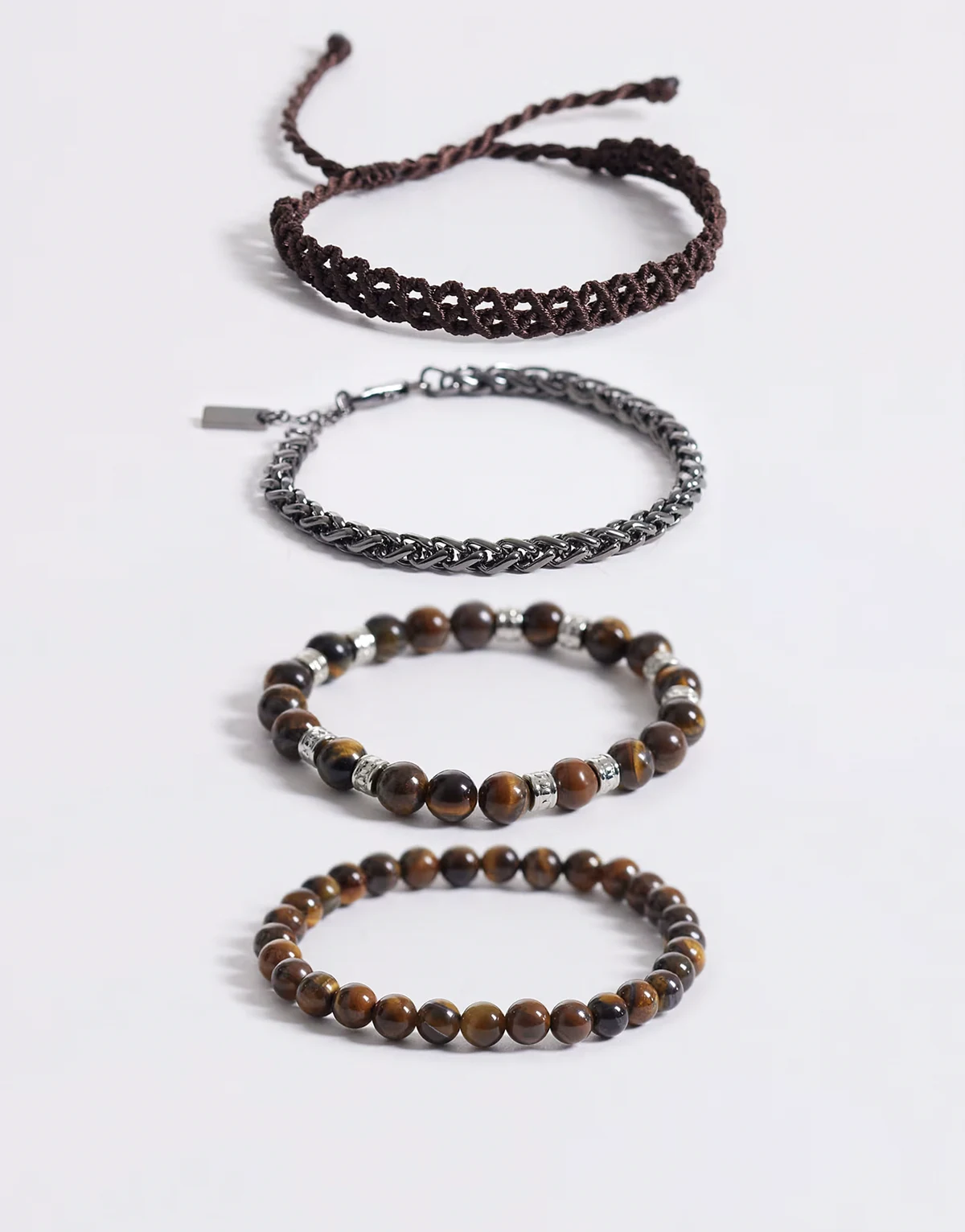 – Zestaw 4 brązowych bransoletek łańcuszkowych i z koralikami z półszlachetnym tygrysim okiem