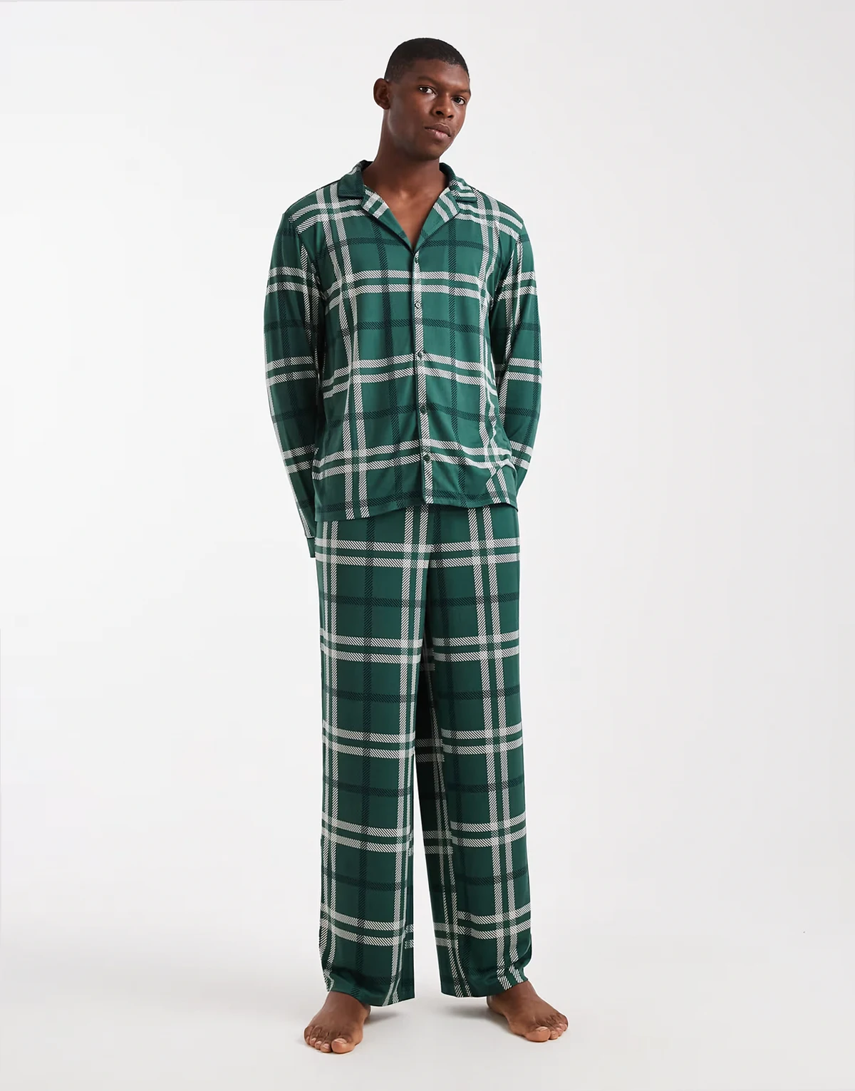 long sleeve revere and pants pajama set in green check print