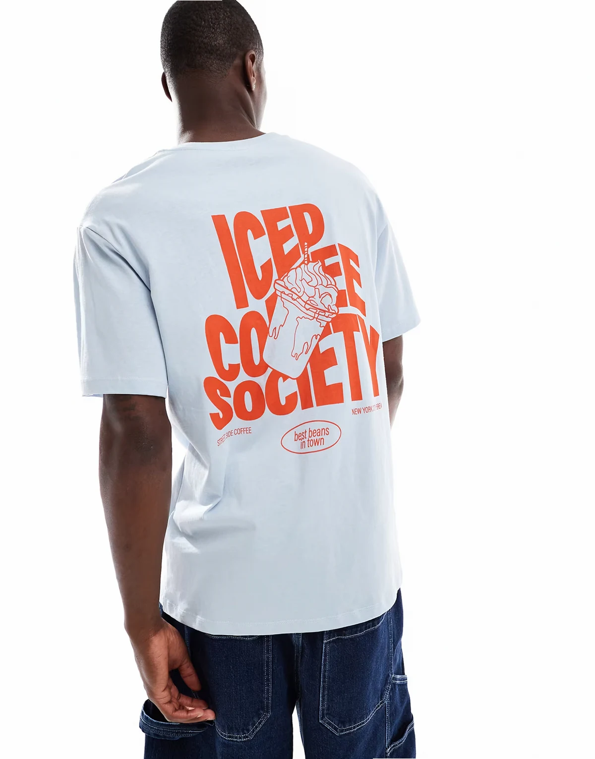 oversize T-shirt with iced coffee back print in blue