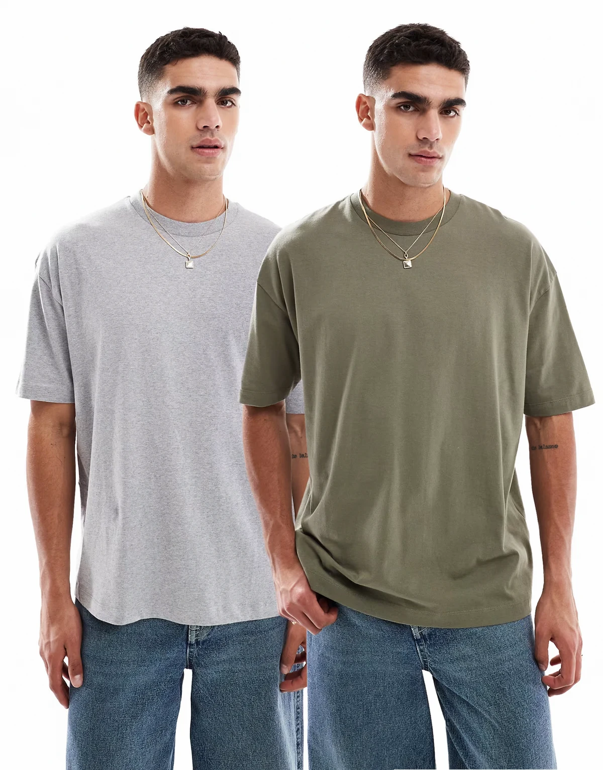 – Basic – Zestaw 2 T-shirtów oversize w kolorach szarym melanżowym i khaki