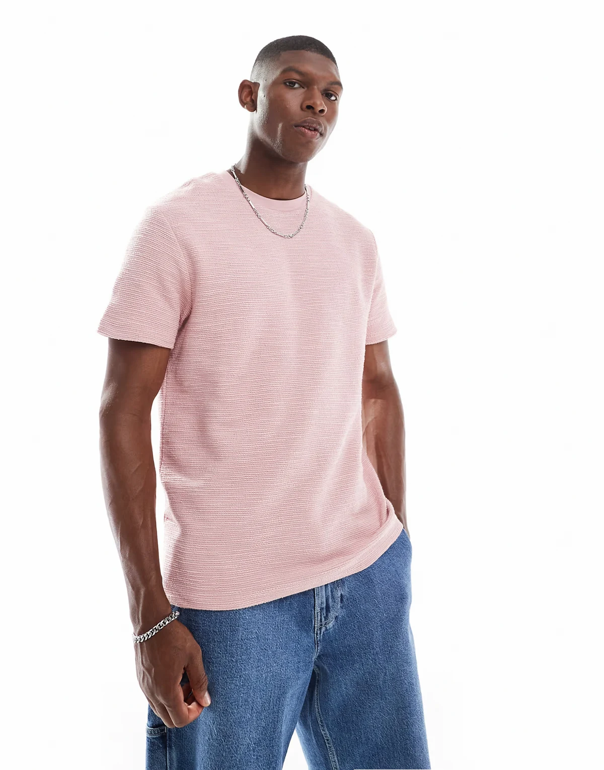 – Różowy T-shirty z okrągłym dekoltem z materiału bouclé