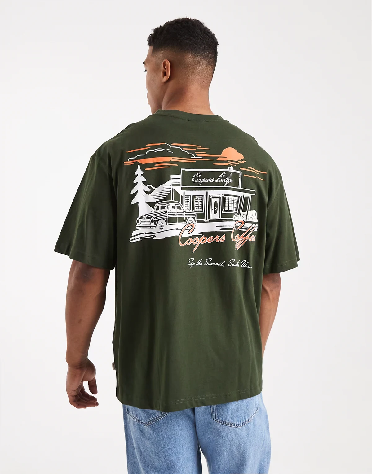 baggy vintage fit T-shirt with coffee back print in dark green