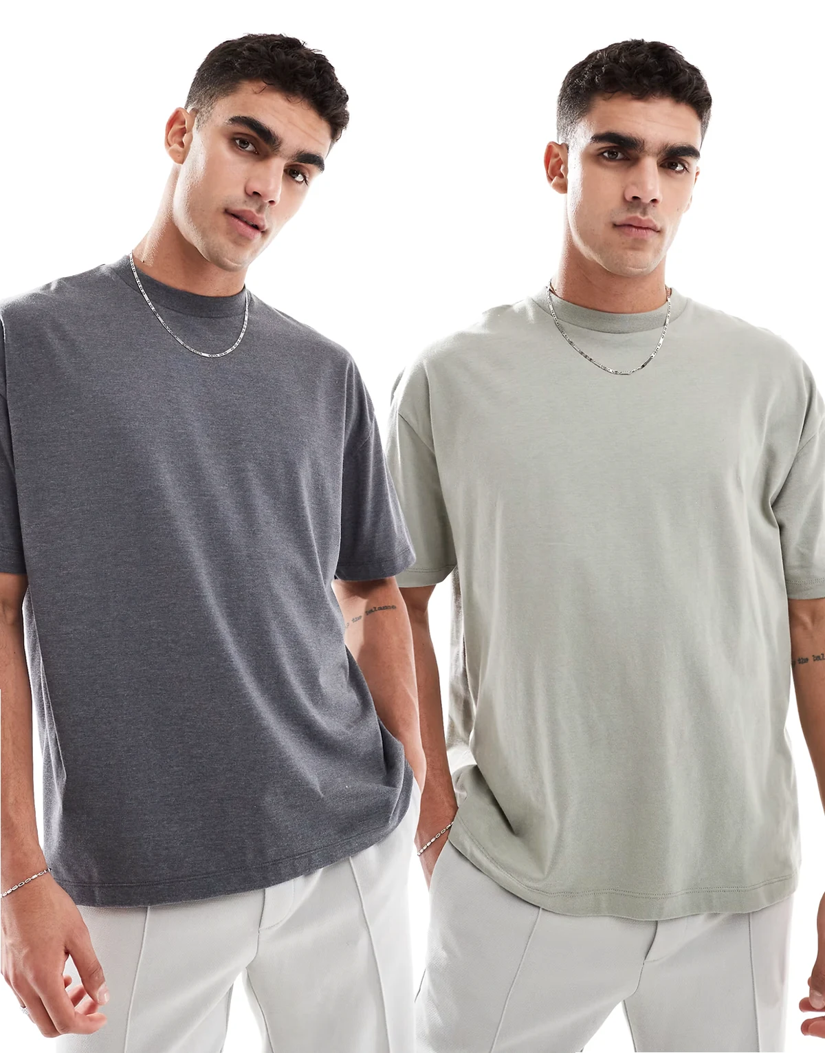 – Basic – Zestaw 2 T-shirtów oversize w kolorach grafitowym melanżowym i khaki