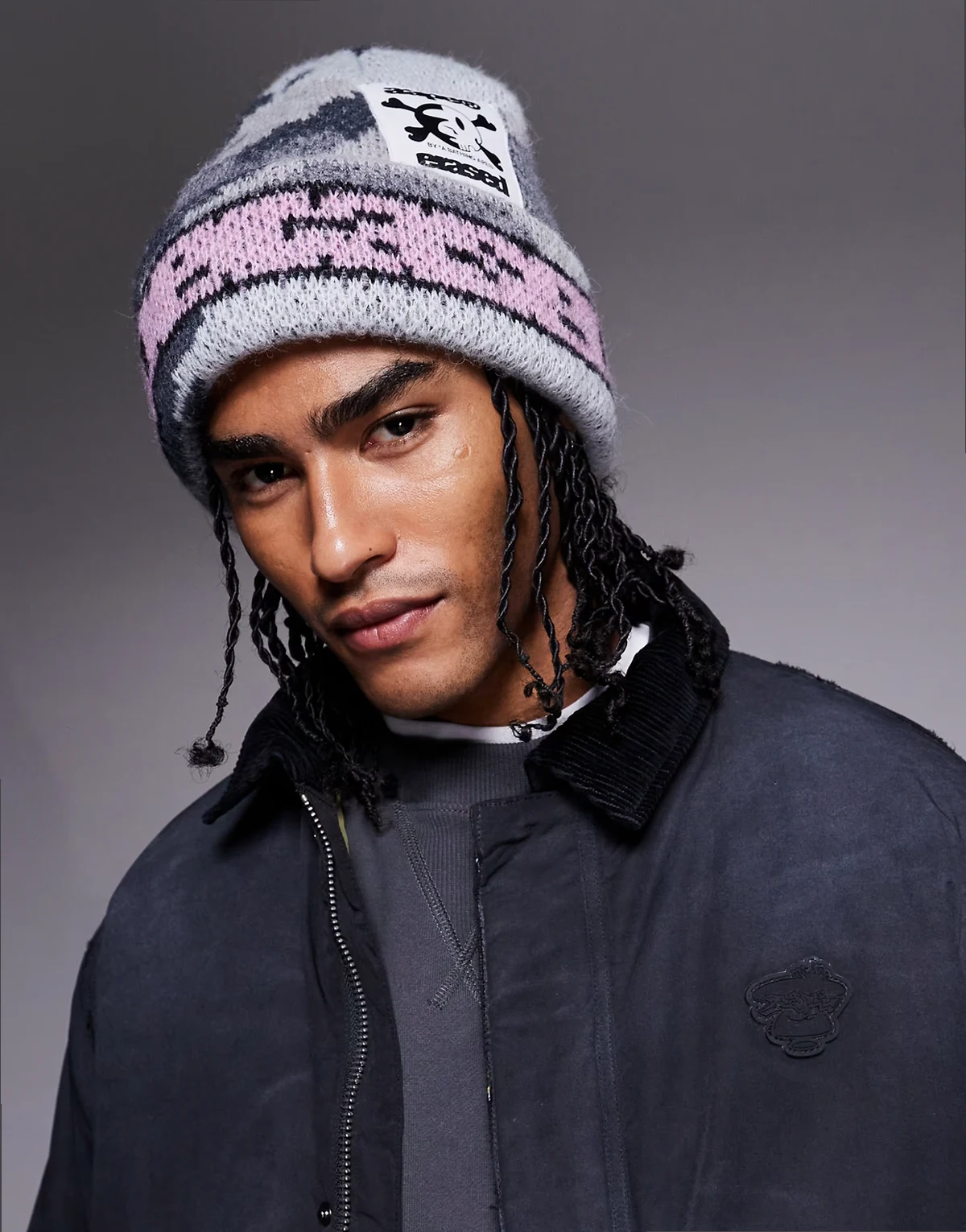 AAPE By A Bathing Ape x Erased – Szara dzianinowa czapka beanie we wzór moro