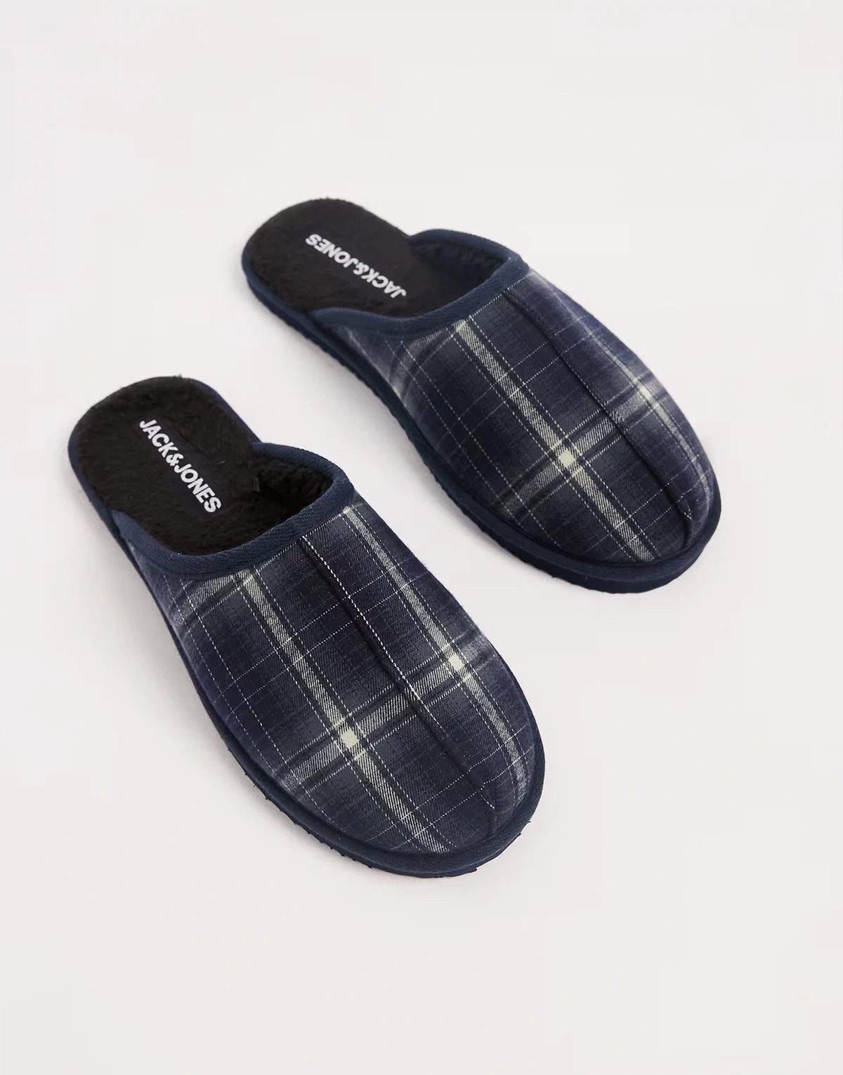 plaid slippers in navy