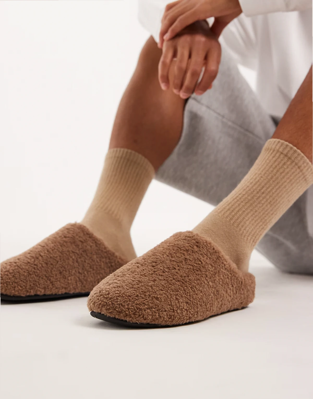 mule slippers in tan borg