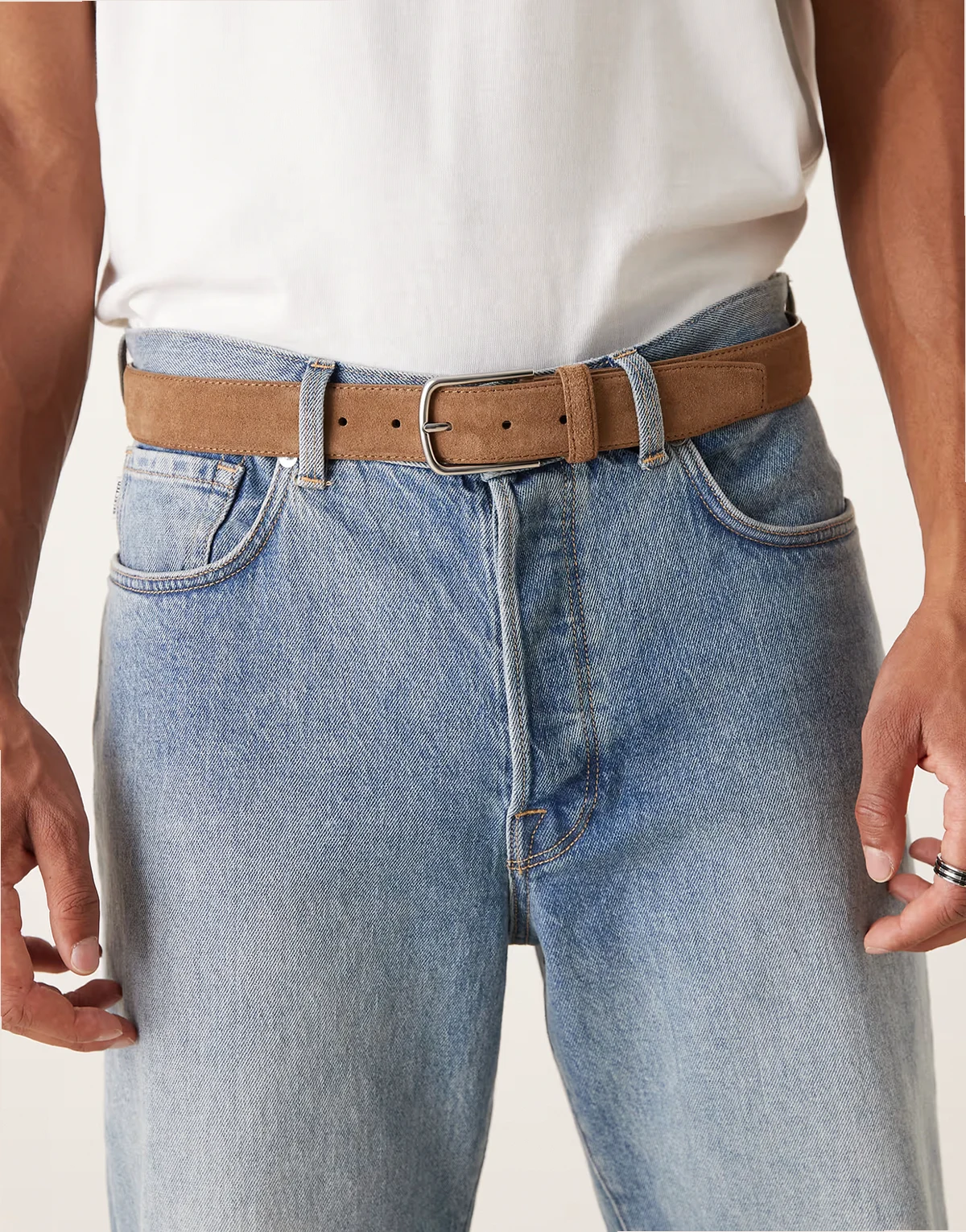 suede silver buckle belt in tan