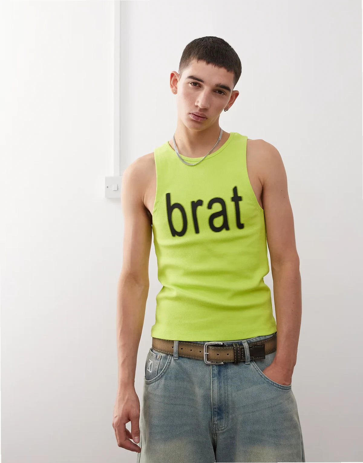 muscle fit rib knit tank top in green with official CHARLI XCX BRAT print