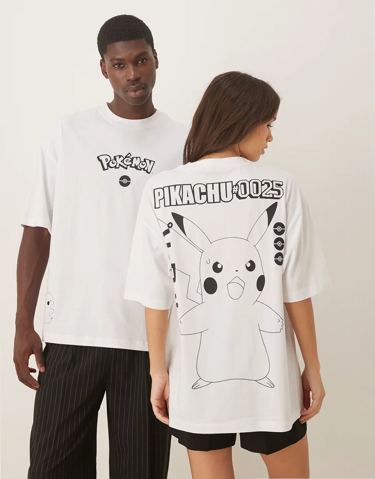 Unisex – Biały T-shirt oversize z nadrukiem z motywem Pokemonów