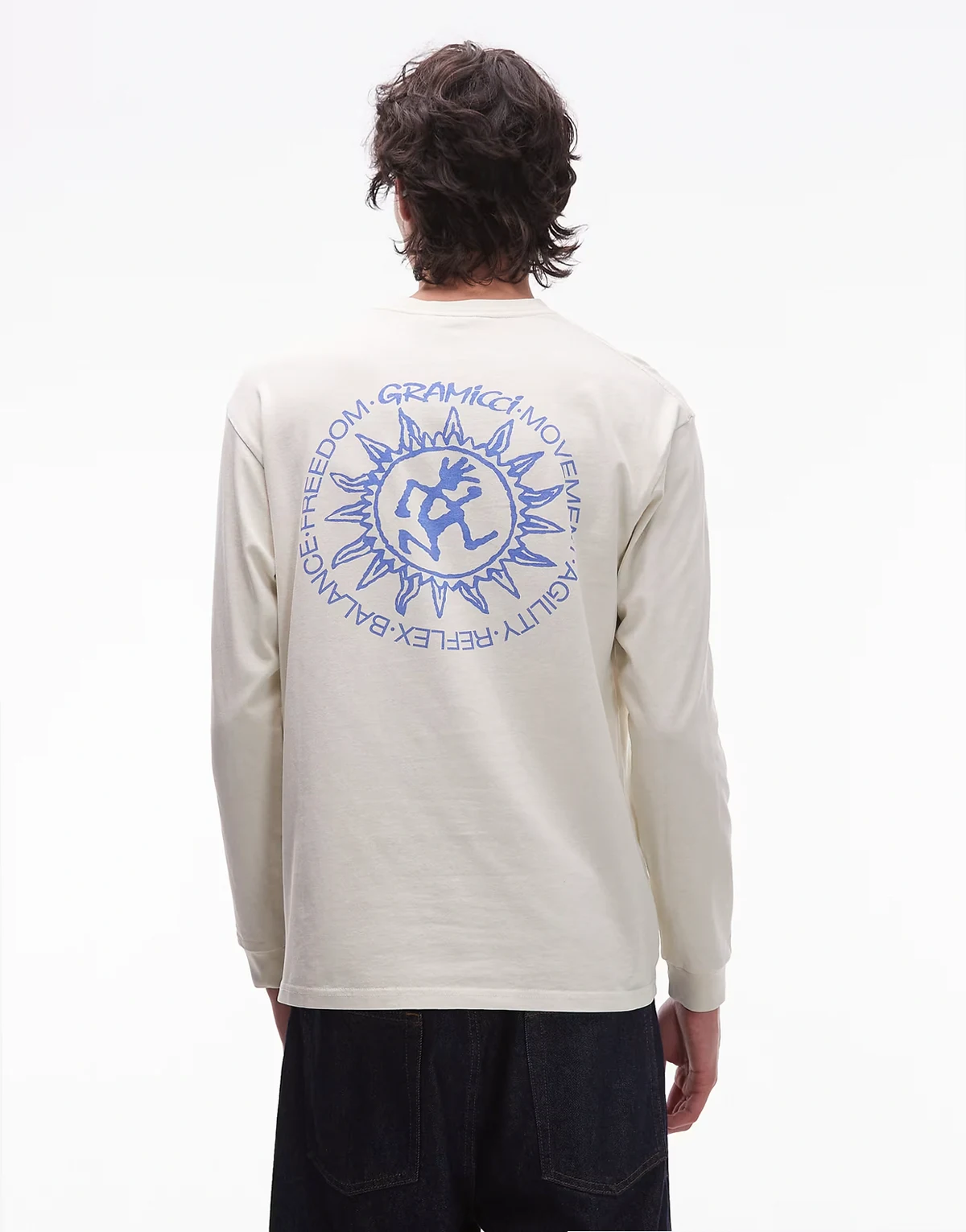 – Jasnokremowy T-shirt z długimi rękawami i nadrukiem z motywem słońca