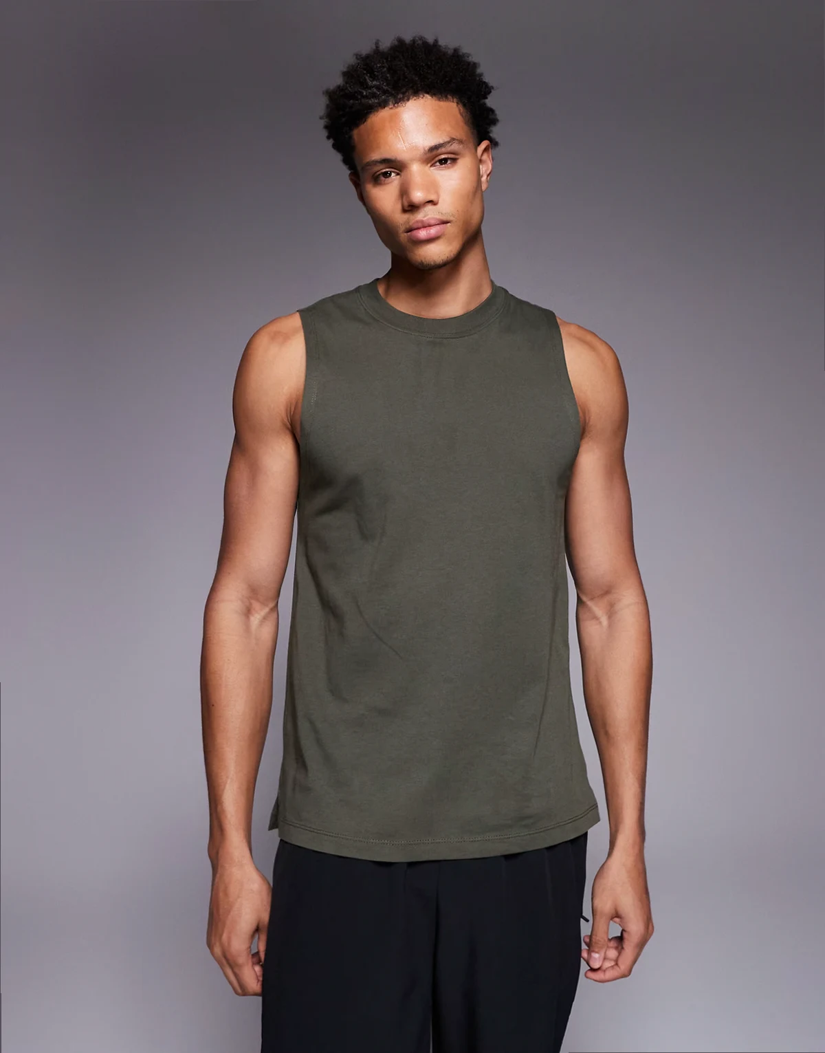 Icon dropped armholes cotton training tank top with quick dry finish in khaki green