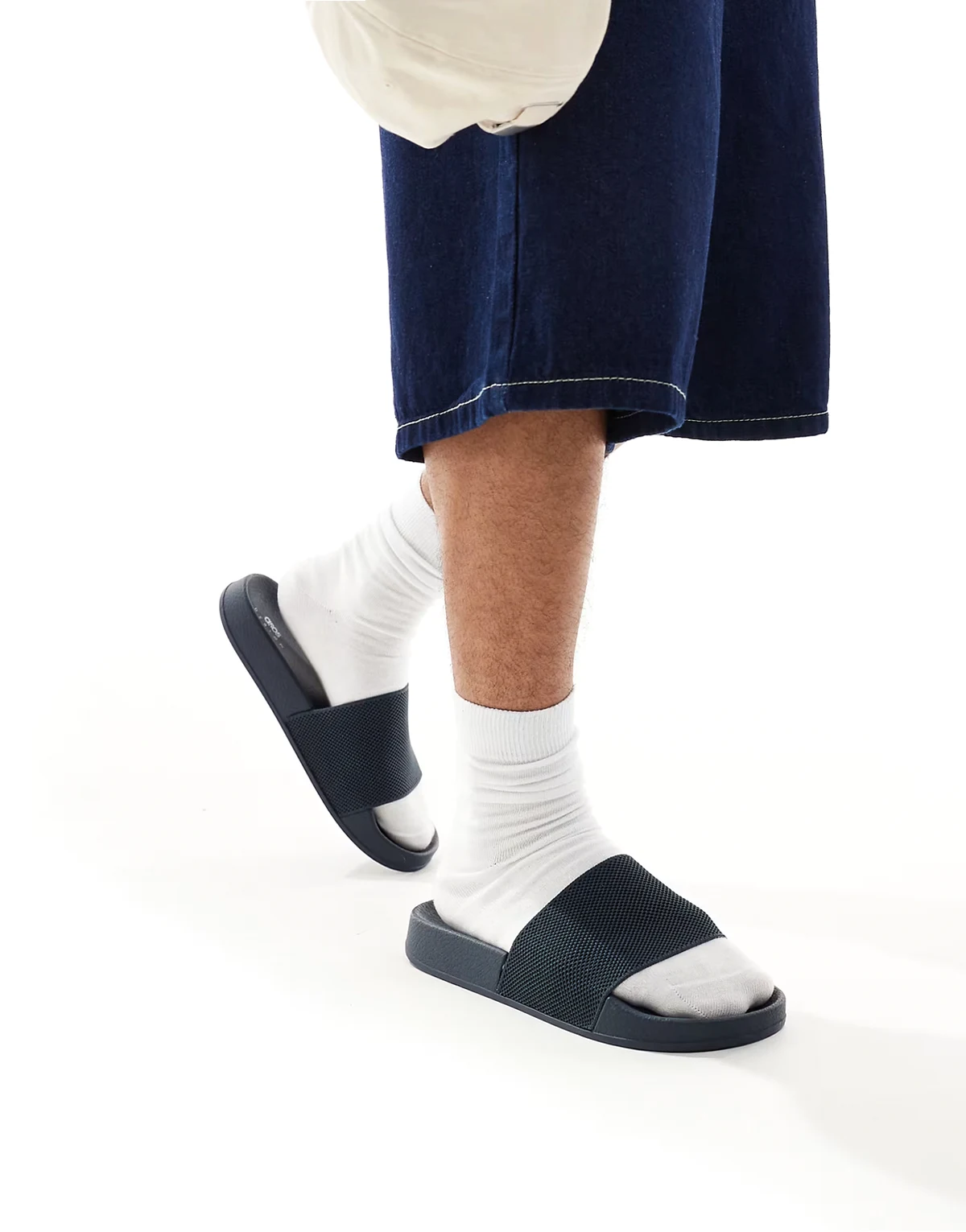 slides in navy with knit straps