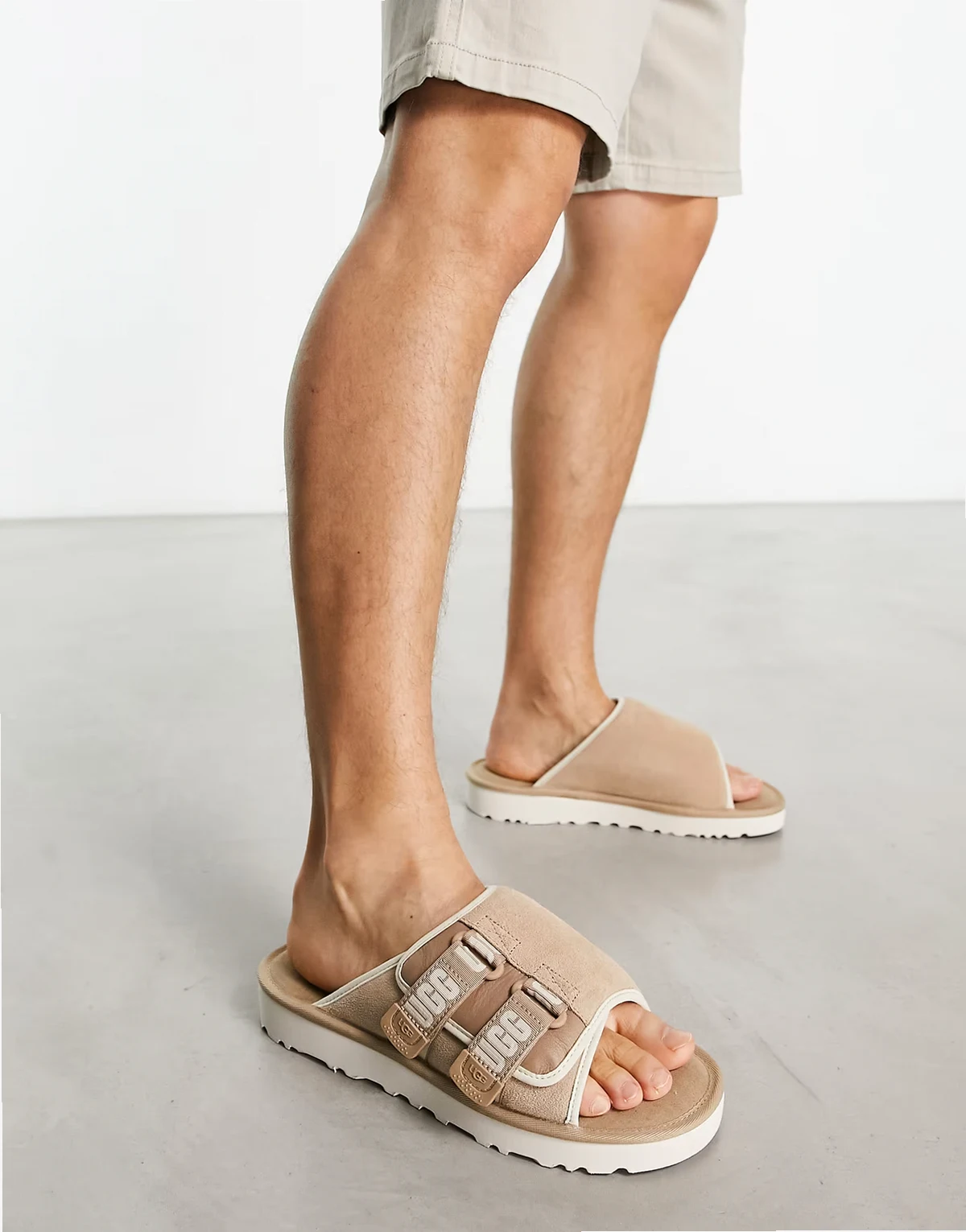 goldencoast strap sliders in beige suede
