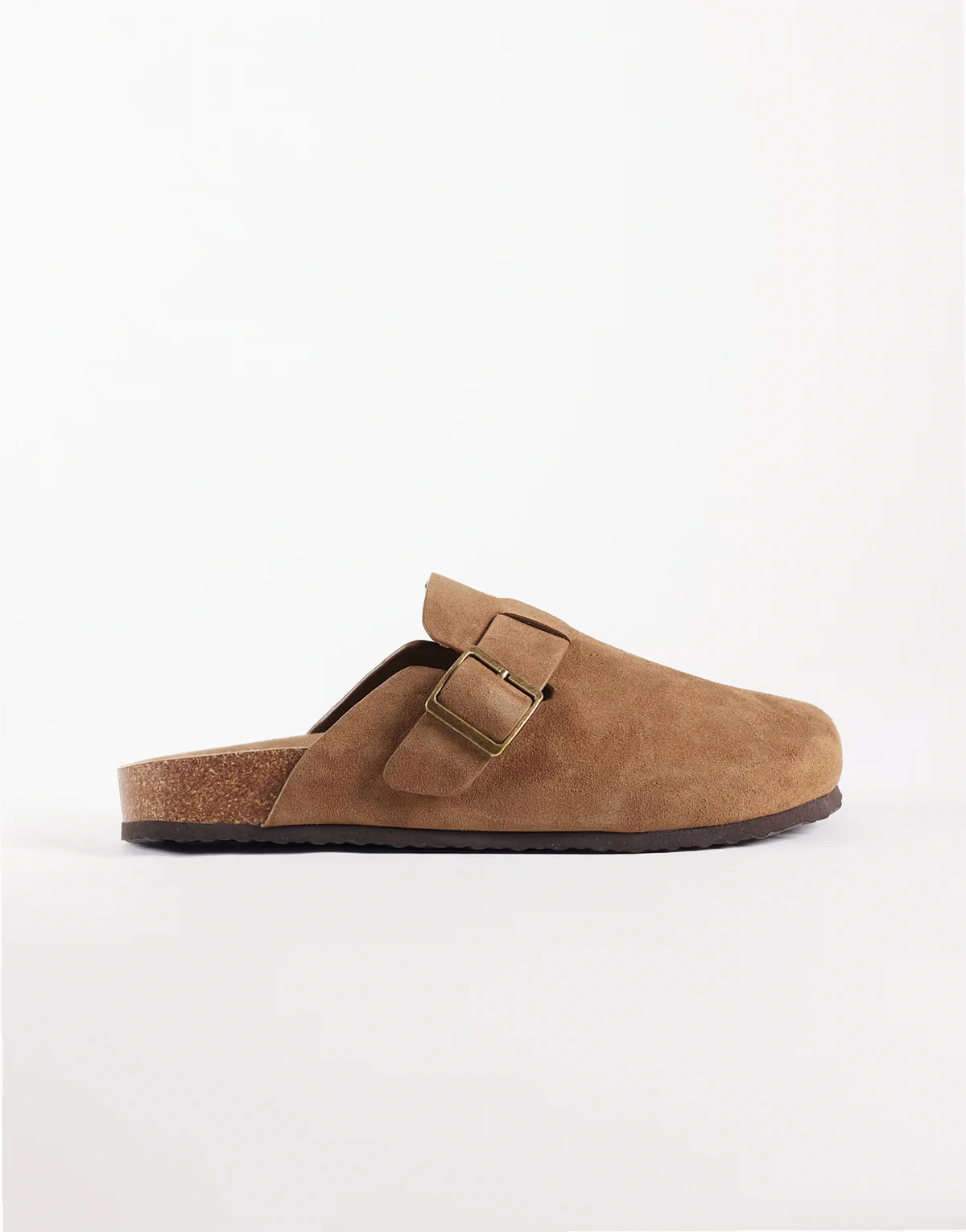 – Pantoletten aus verstärktem Wildleder in Maulwurfbraun mit Korksohle