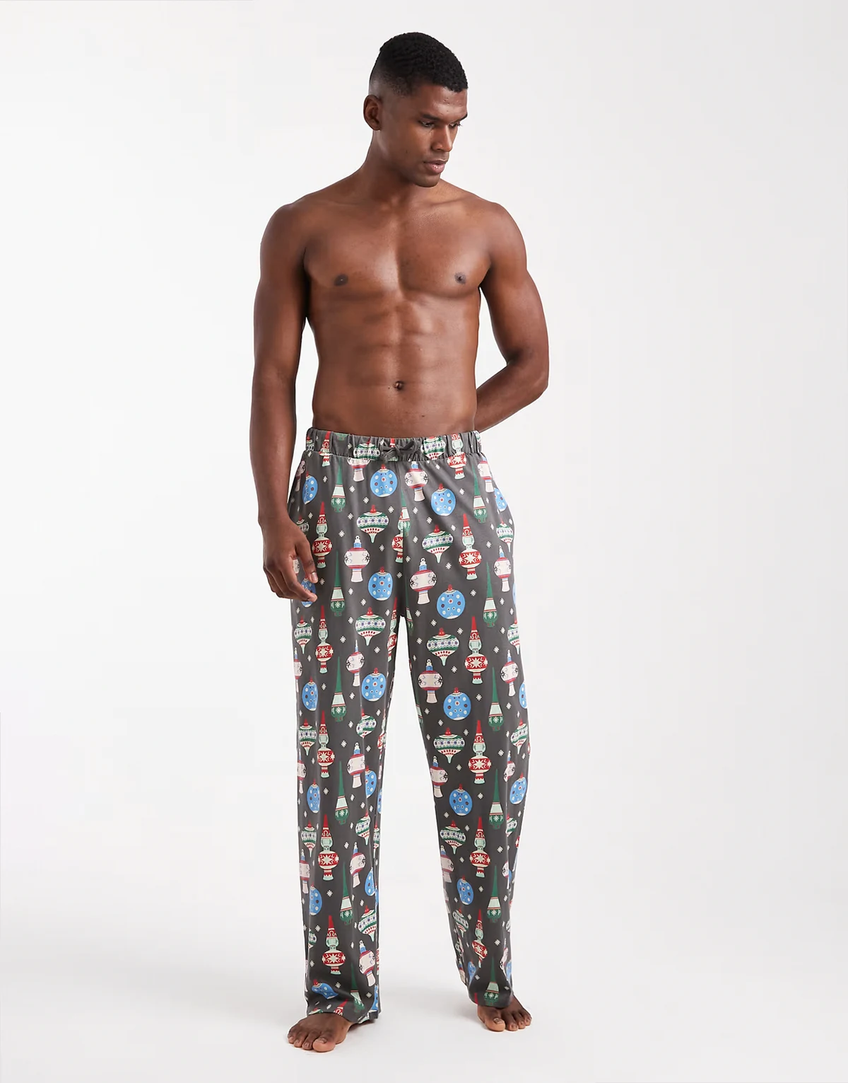 lounge bottoms with Christmas bauble graphic in black