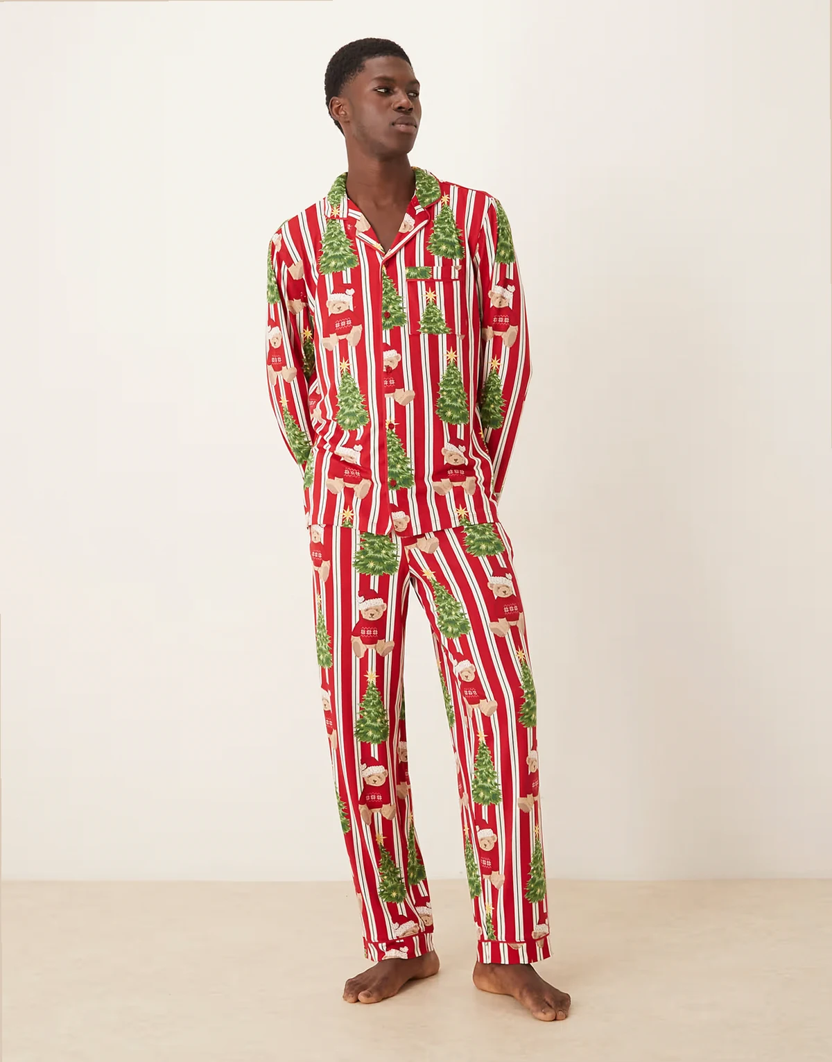 His & Hers poly long sleeve camp collar pajama set in Christmas Teddy striped print