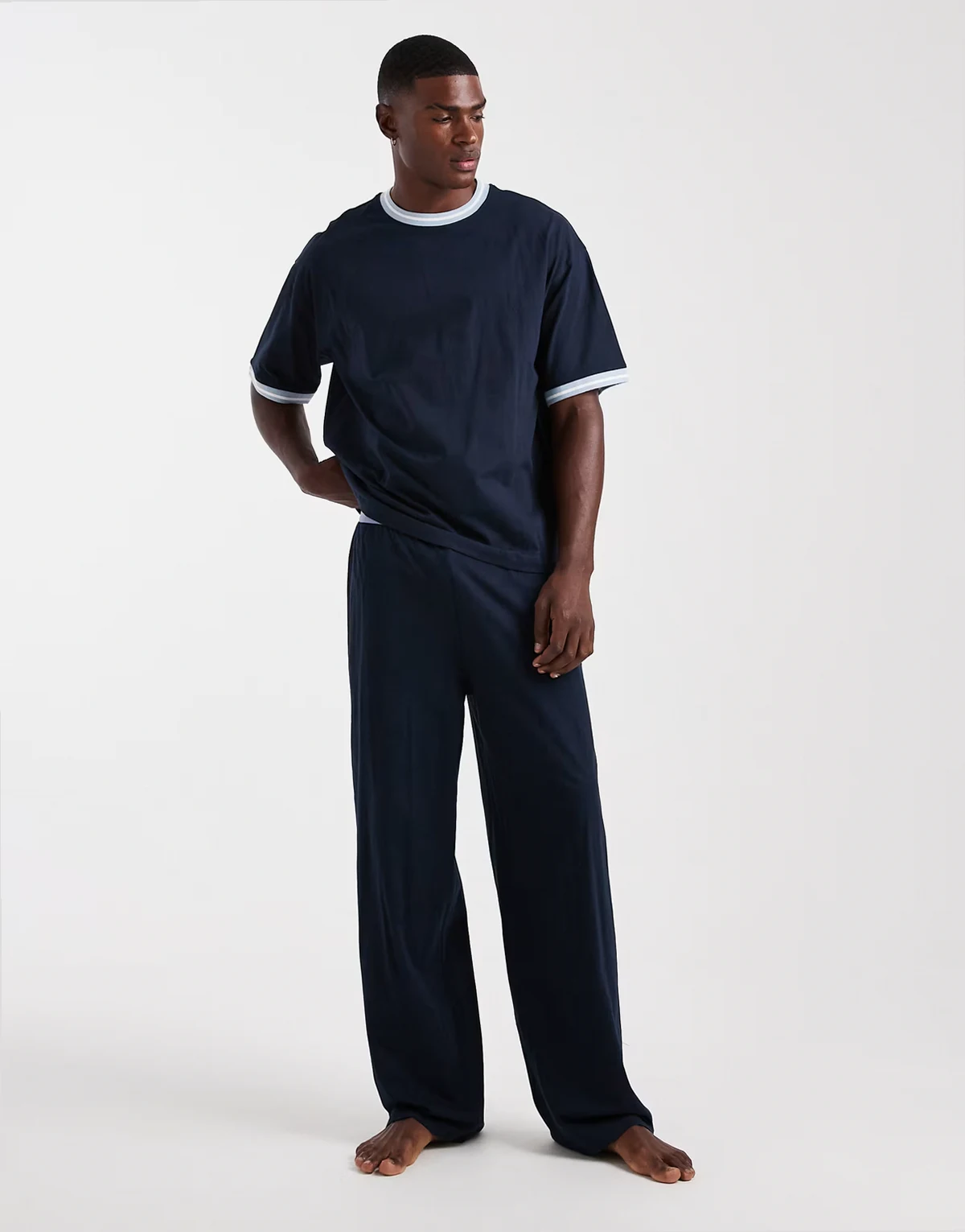 pajama set with wide leg pant and contrast binding in navy
