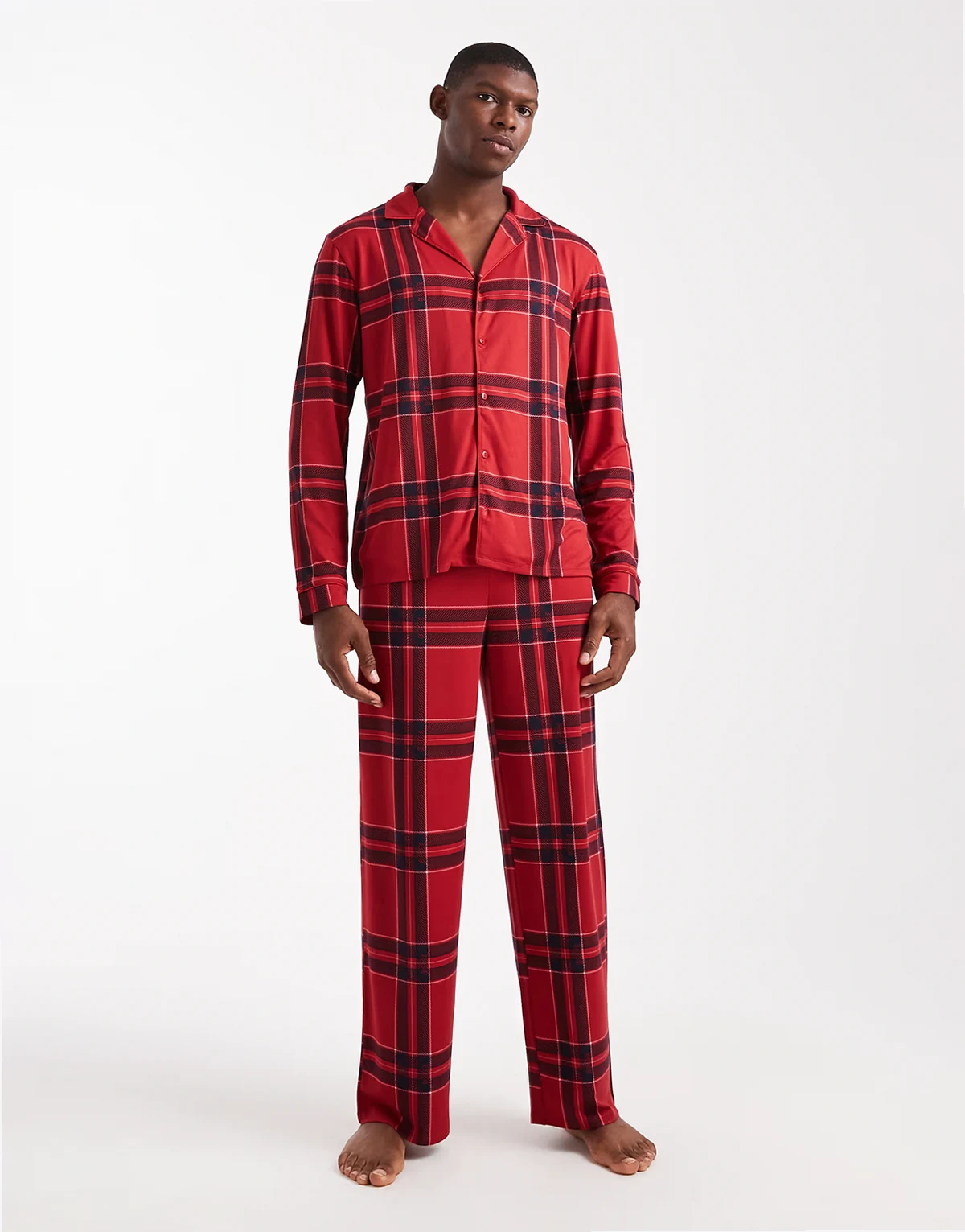 Christmas long sleeve revere and pants pajama set in red check print